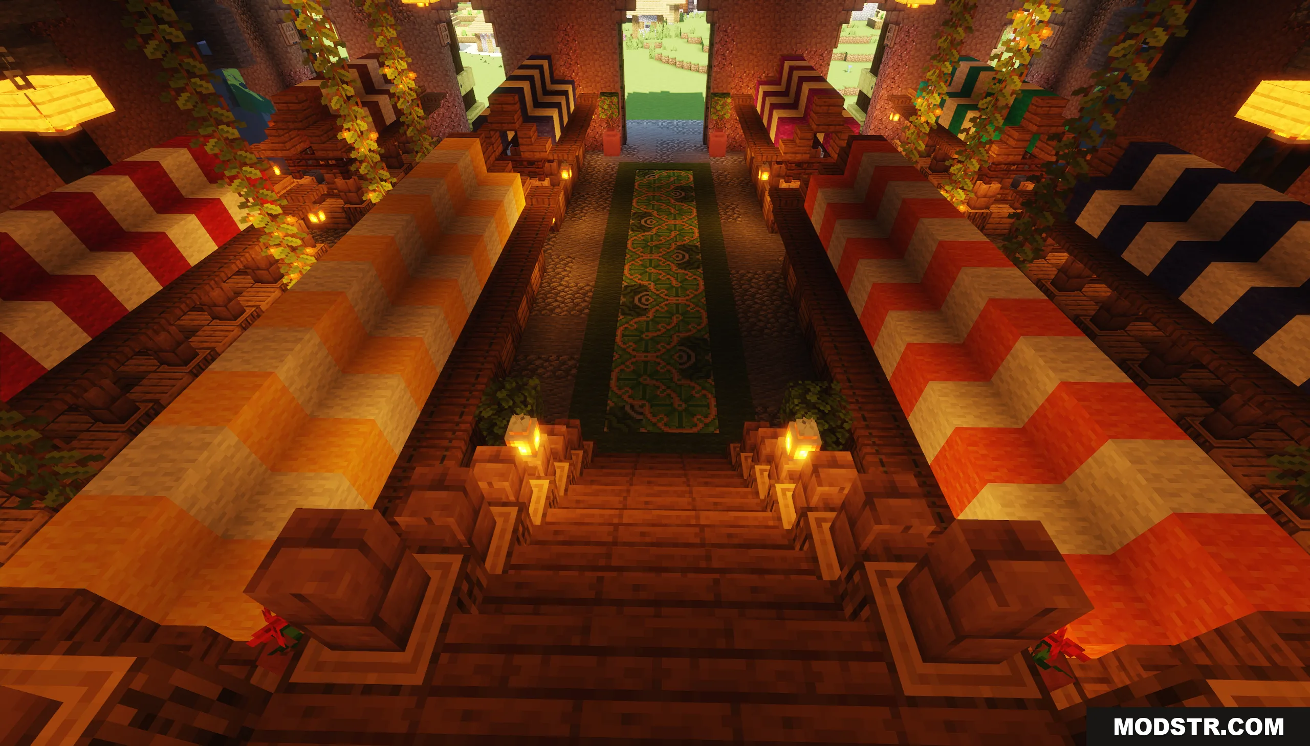 Villager Trading Hall Map Screenshot 9 Interior view of a trading hall featuring striped market stalls and green carpet