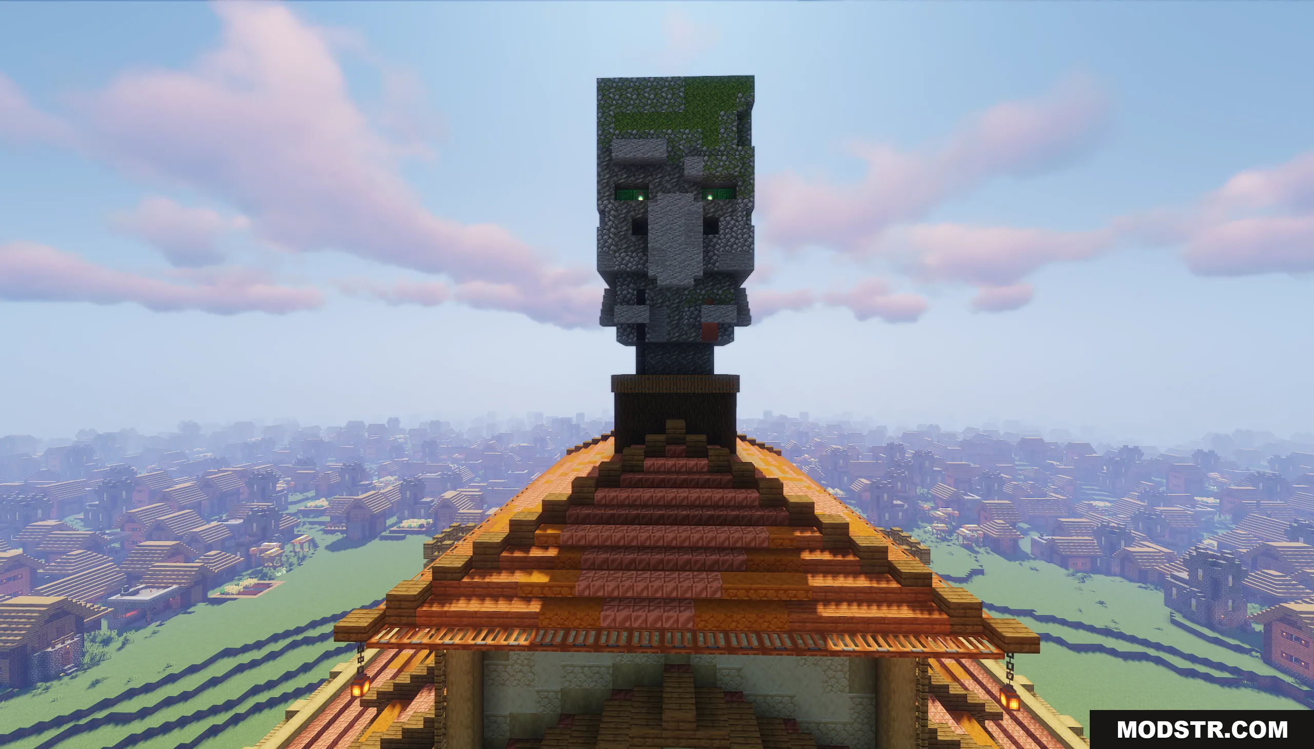 Villager Trading Hall Map Screenshot 3 Giant stone villager head statue built on top of a wooden building roof