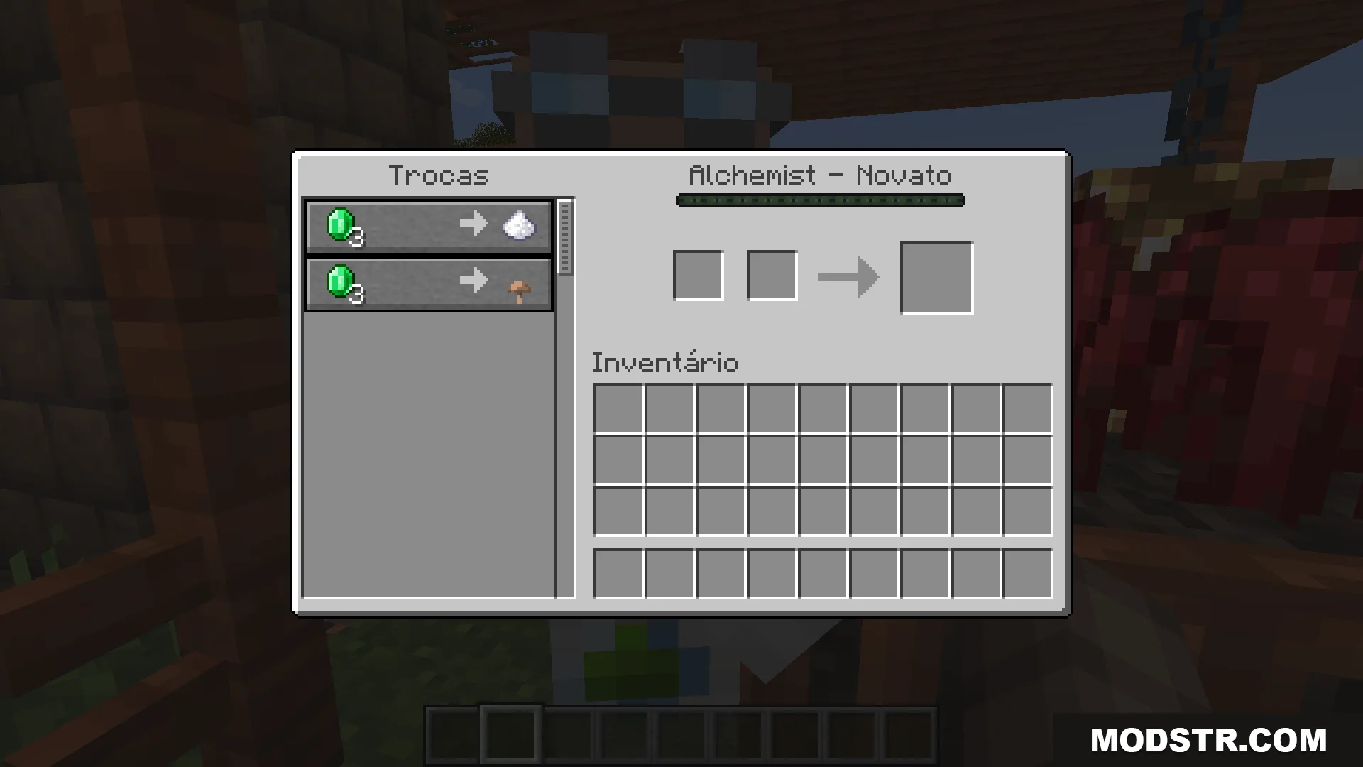 Alchemist villager trading interface translated into Brazilian Portuguese for Villagers Plus