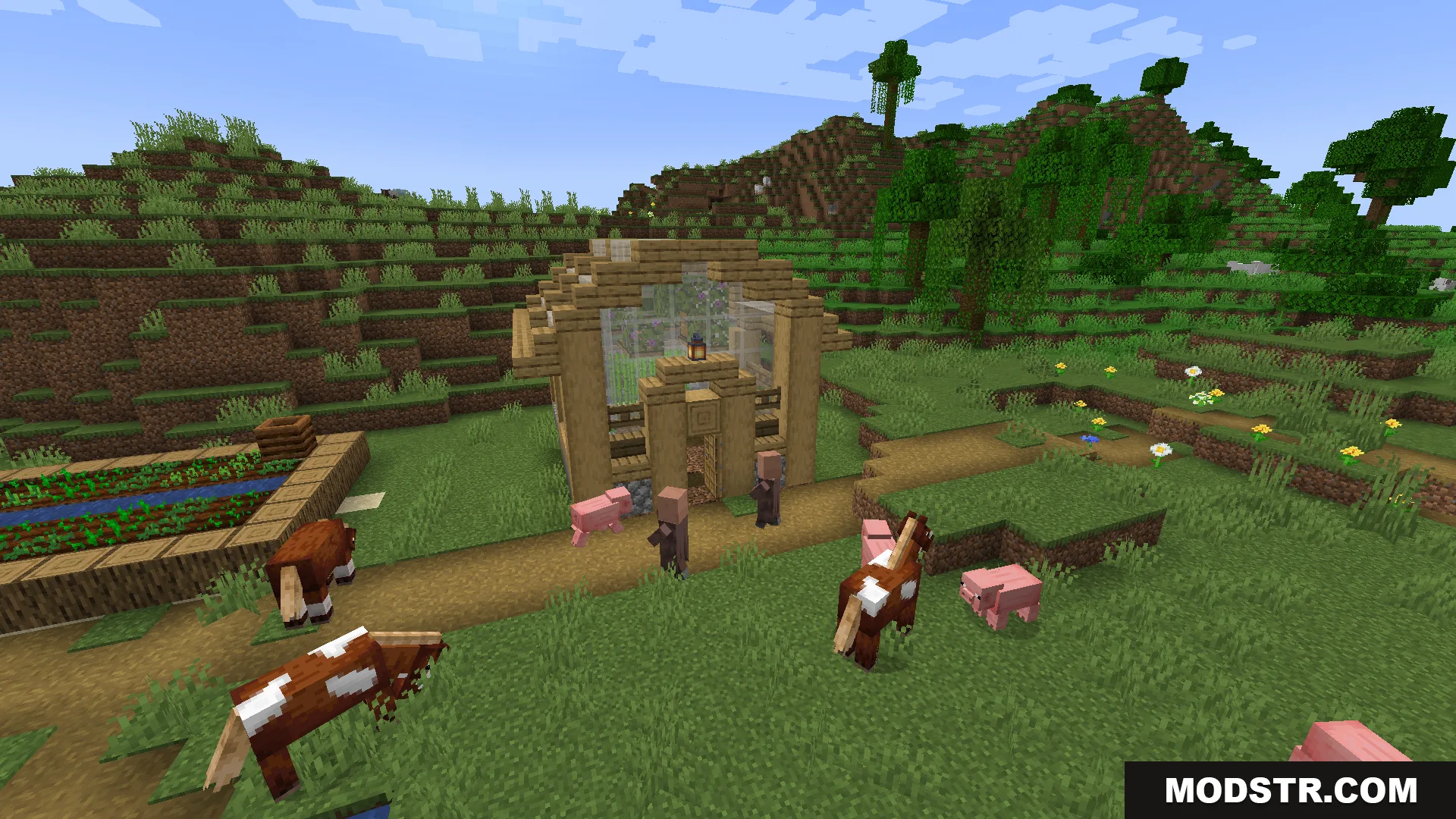Villagers and farm animals gather around a small wooden greenhouse in a village