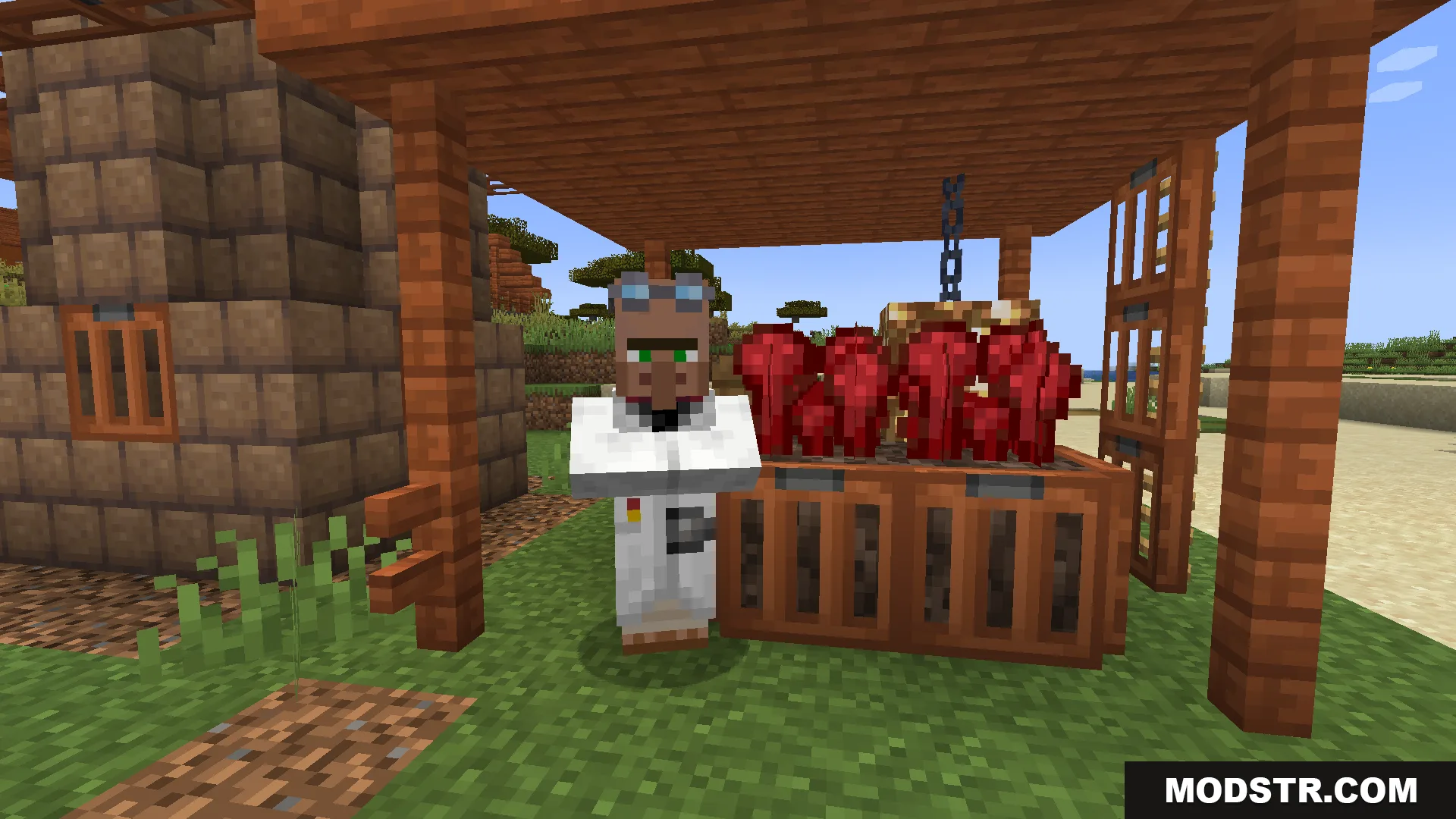 An alchemist villager wearing a lab coat standing near a nether wart brewing station