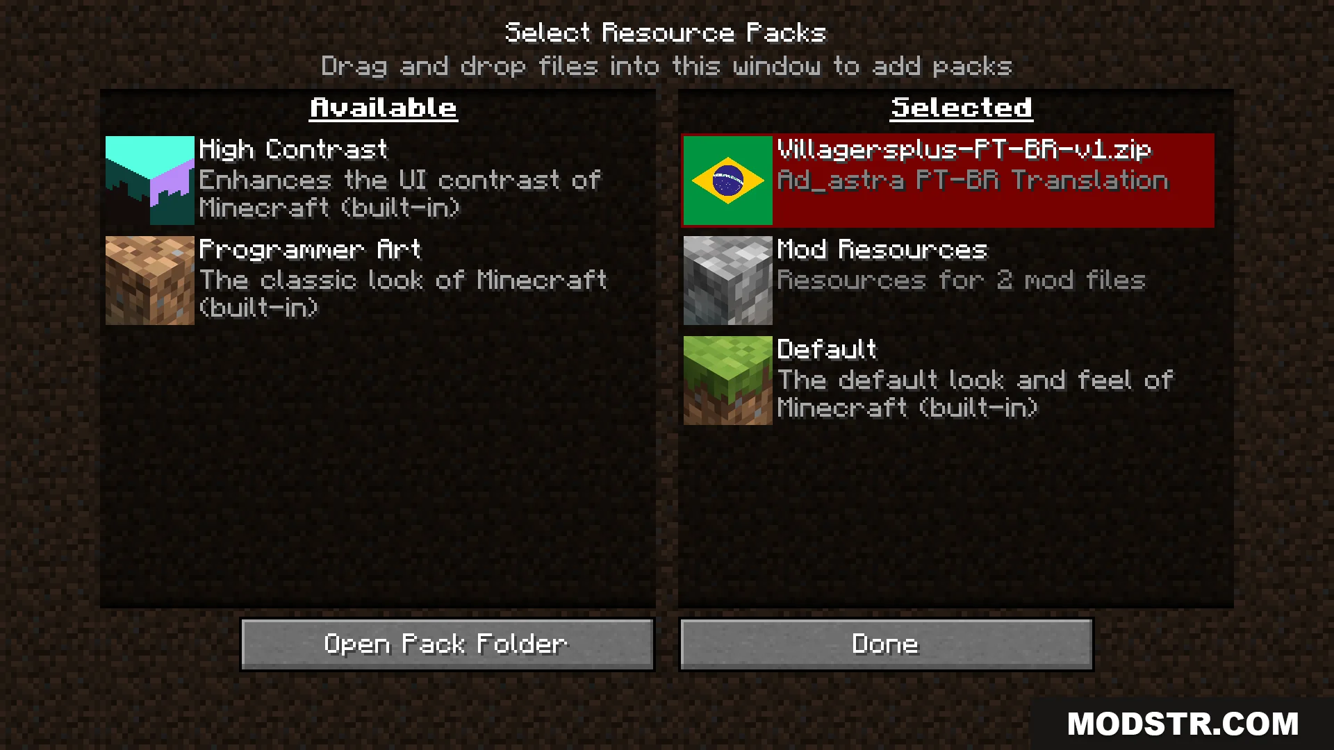 Minecraft resource pack menu with the Villagers Plus translation pack selected