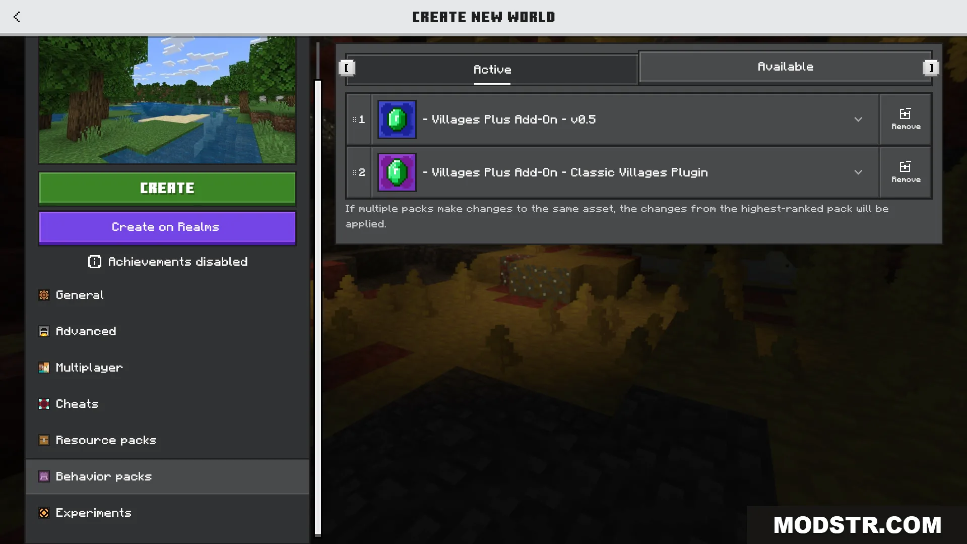 Villages Plus Addon Screenshot 1 Minecraft world creation menu with Villages Plus Addon behavior packs active