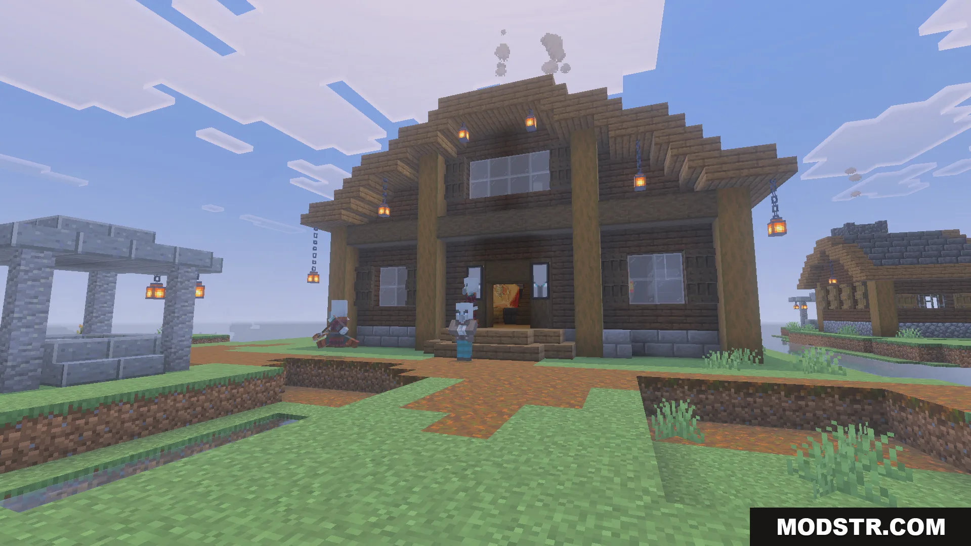 Villages Plus Addon Screenshot 10 Detailed dark oak house with an illager and lanterns in a new village