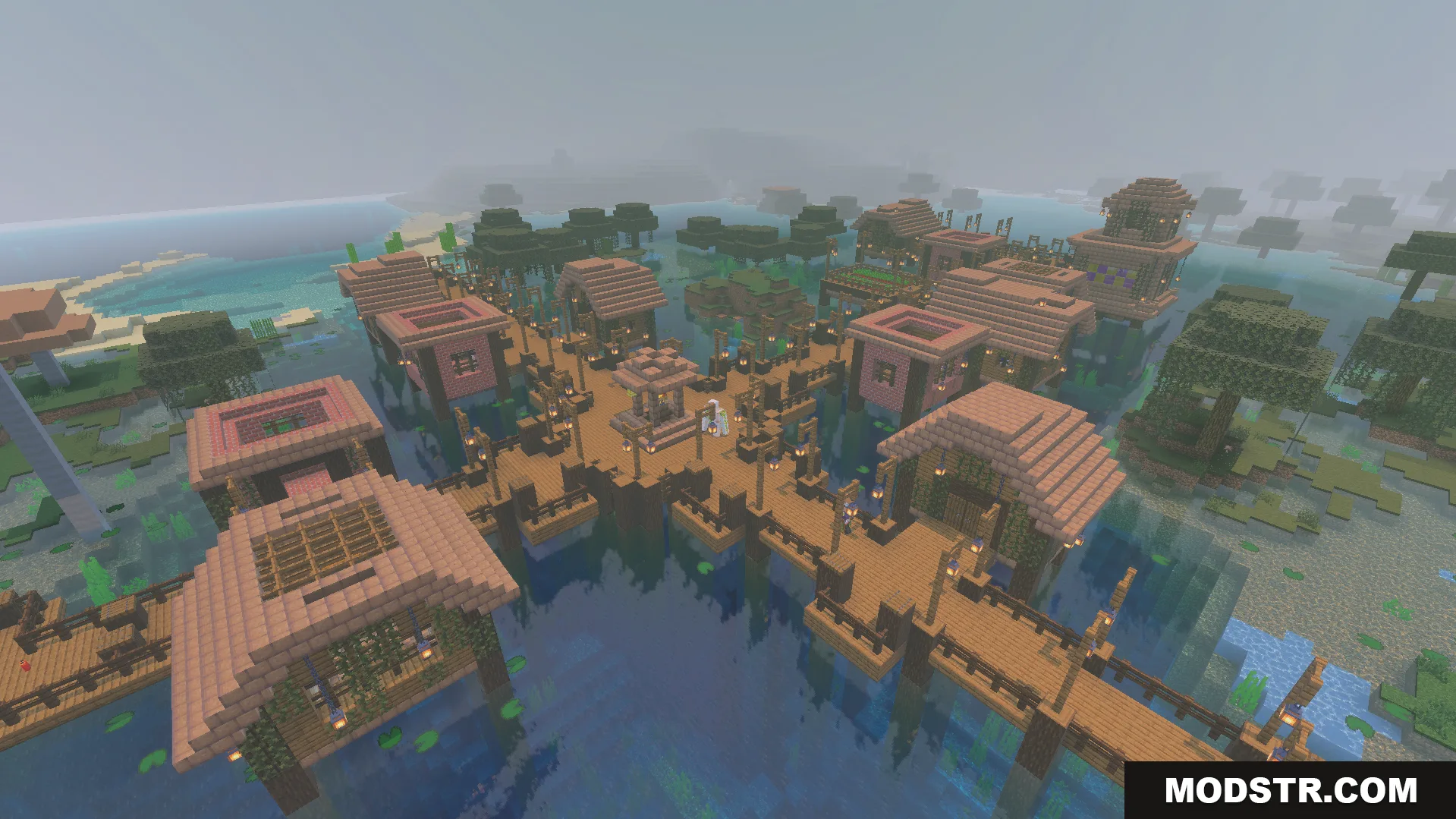 Villages Plus Addon Screenshot 6 New village layout with wooden bridges and an iron golem over water