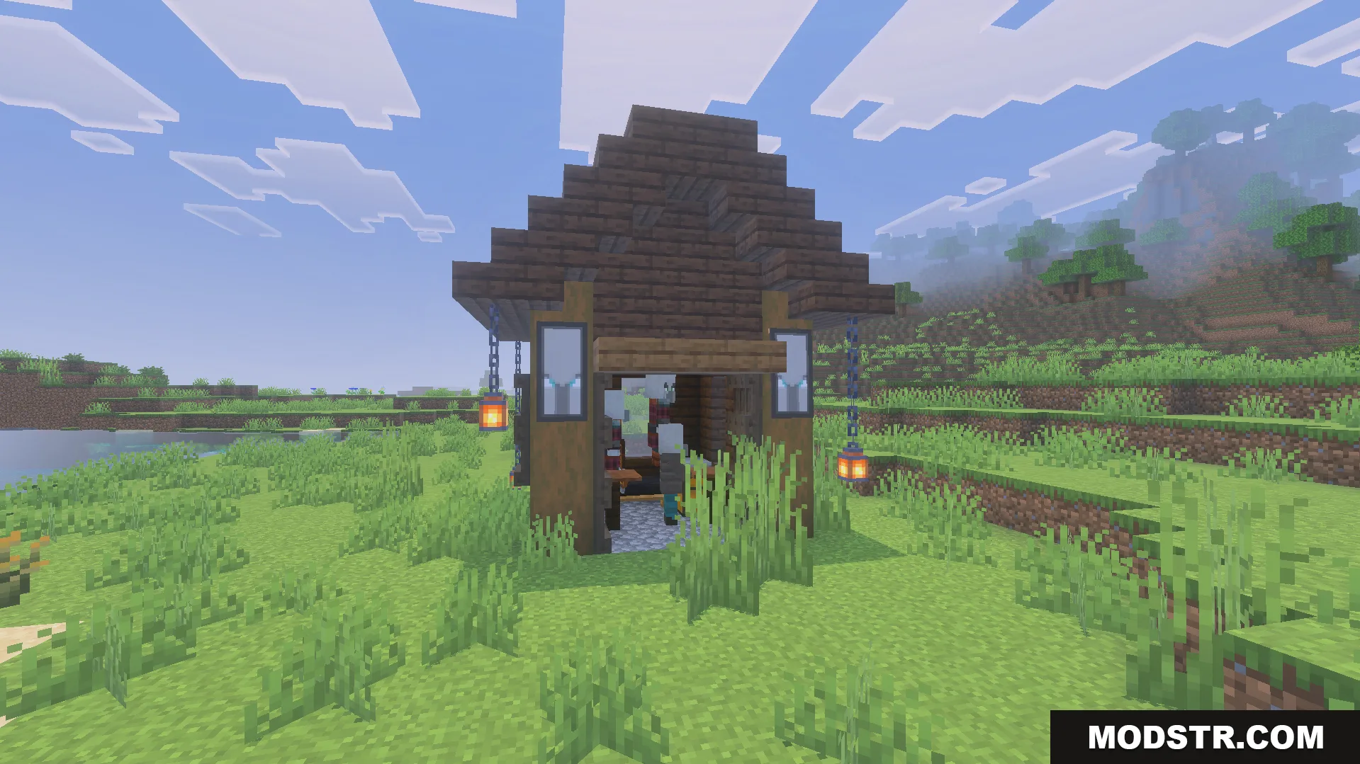 Villages Plus Addon Screenshot 8 A small dark oak village structure with banners and hanging lanterns