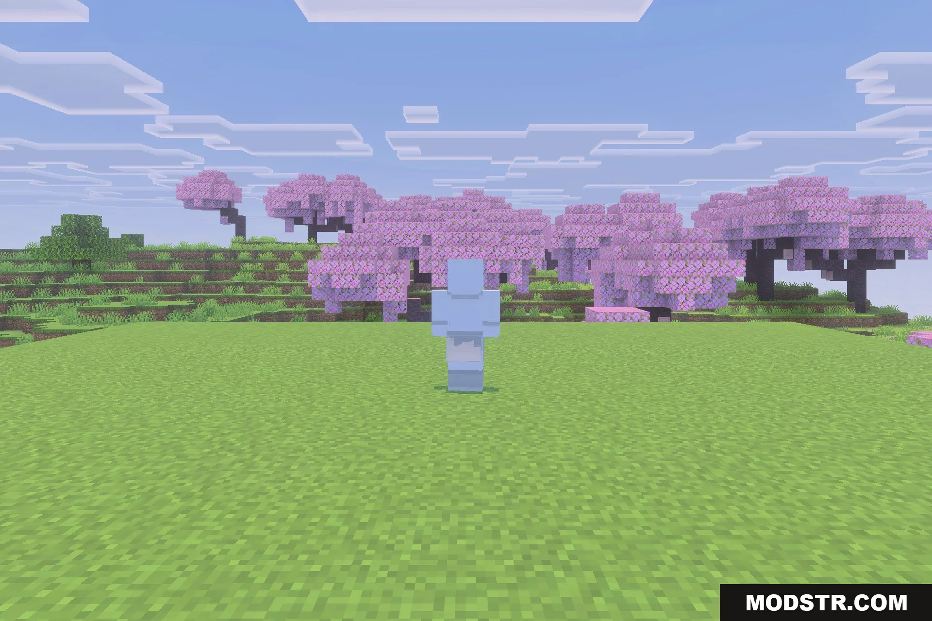 Viltrumite Addon Update Addon Screenshot 1 A transparent blue humanoid figure stands in a field of cherry blossom trees