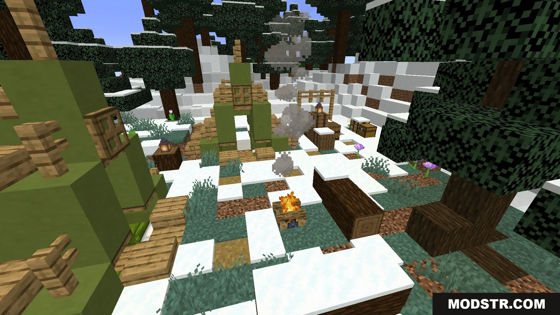 Vista Lore Bound Data Pack Screenshot 10 Green tents and a campfire set up in a snowy forest clearing