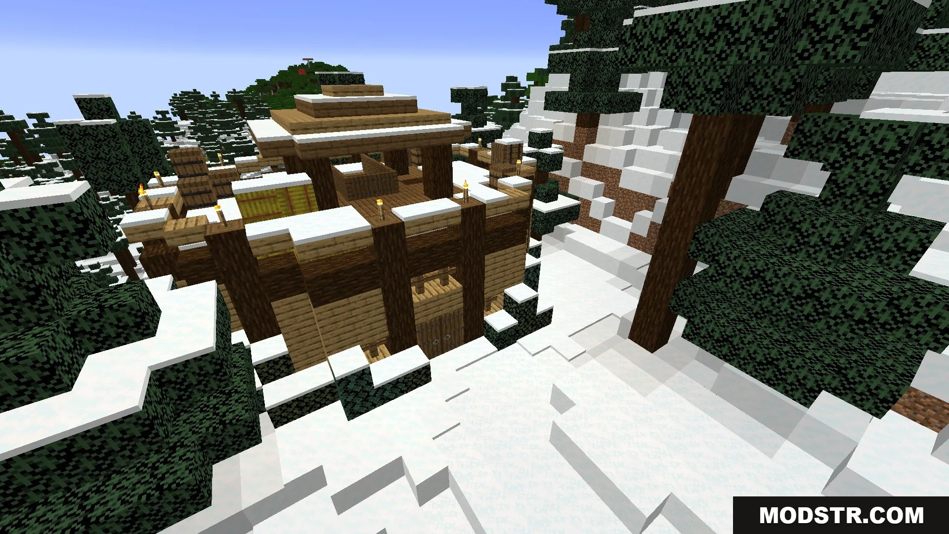 Vista Lore Bound Data Pack Screenshot 9 A large wooden cabin with snow on the roof in a snowy forest