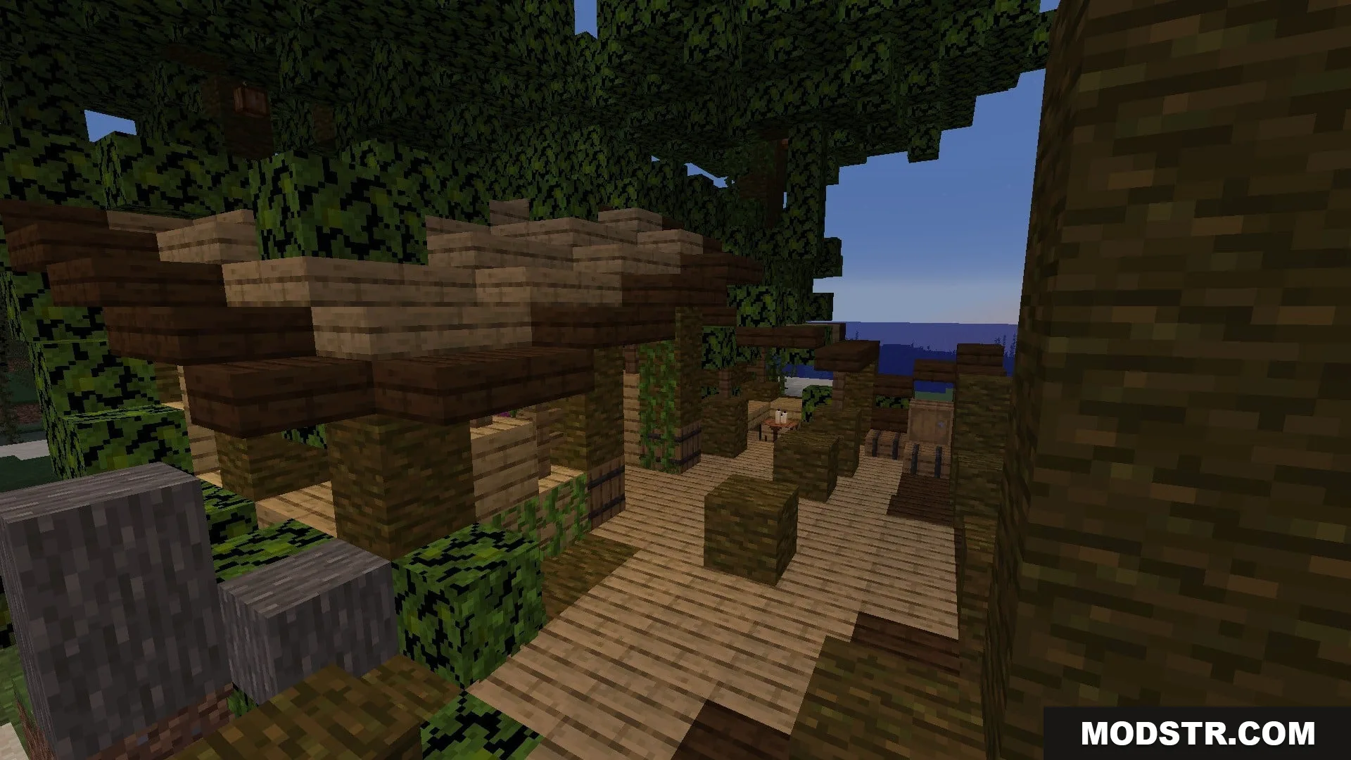Vista Lore Bound Data Pack Screenshot 3 Detailed wooden structure with a layered roof built inside a dense forest