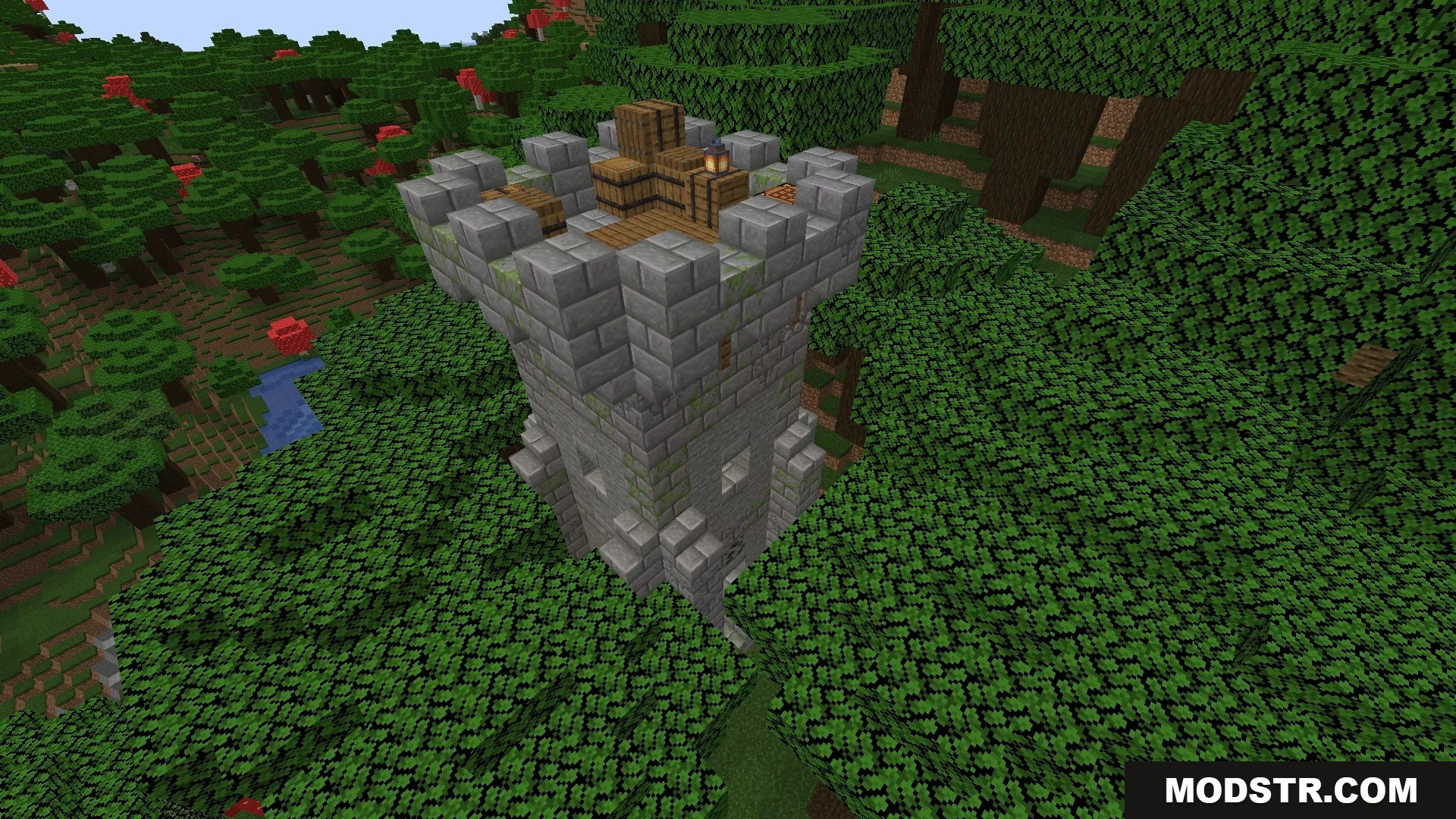 Vista Lore Bound Data Pack Screenshot 6 A small stone watchtower with barrels on top overlooking a dense forest