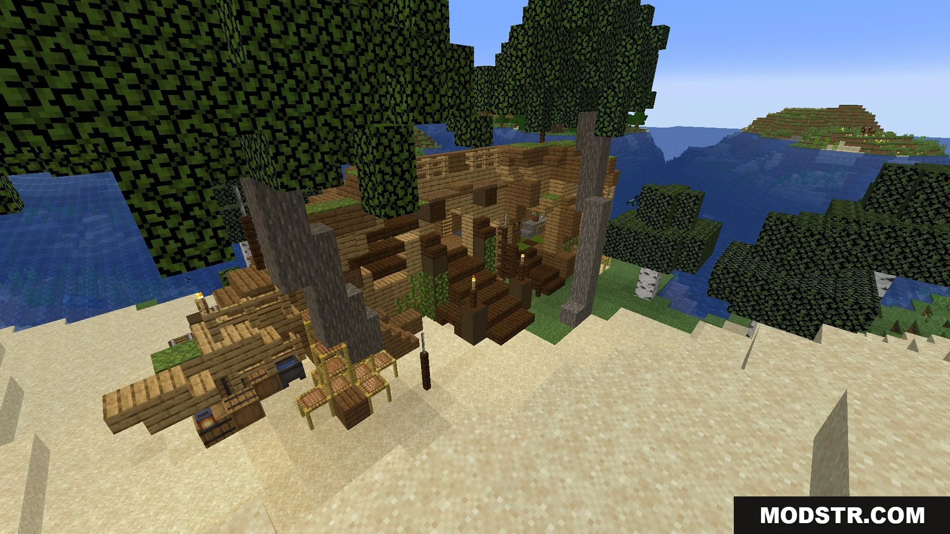 Vista Lore Bound Data Pack Screenshot 4 Large wooden structure with stairs built on a beach next to the water