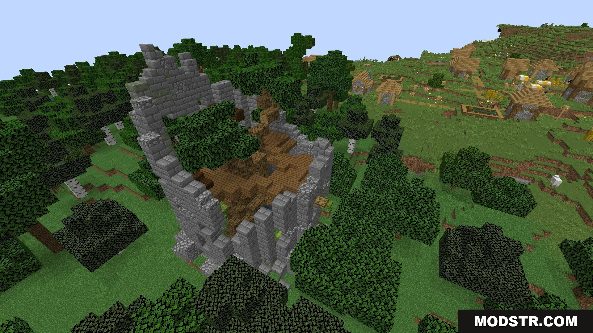Vista Lore Bound Data Pack Screenshot 5 Overgrown stone ruins of a tower located near a village in a forest