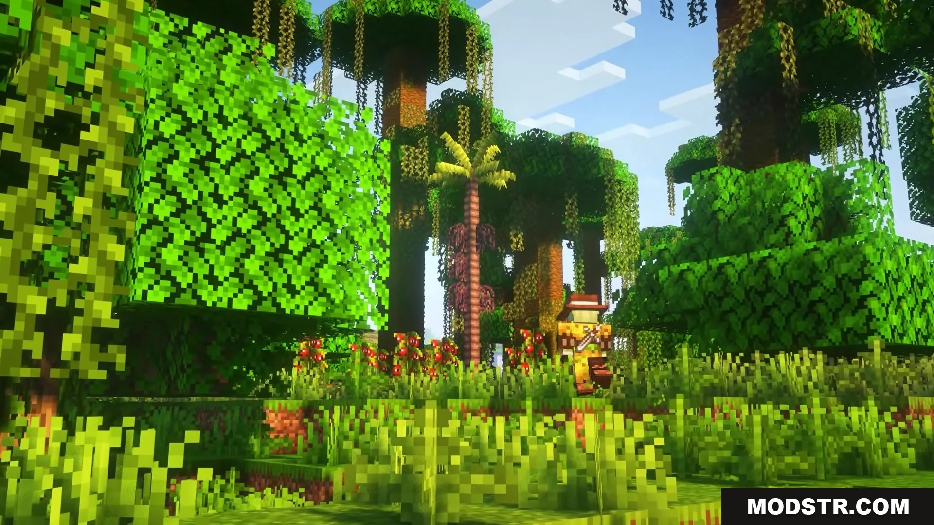 Visualhealth Mod Screenshot 5 A player character stands among red flowers in a lush Minecraft jungle biome