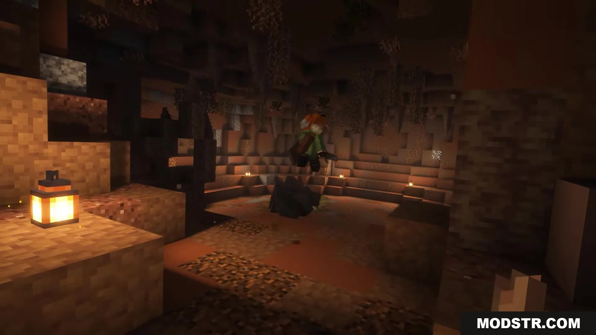 Visualhealth Mod Screenshot 10 A wounded player jumps over a mob inside a dark underground cave