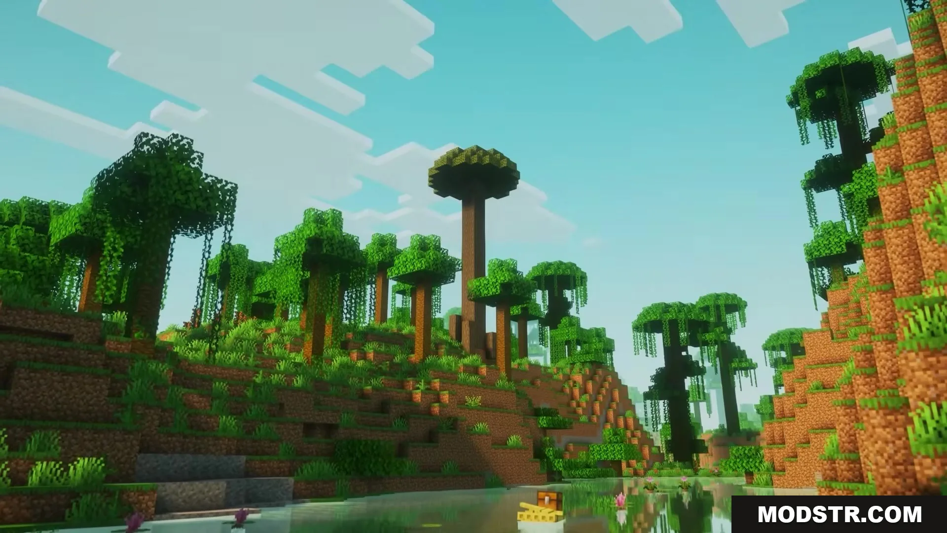 Visualhealth Mod Screenshot 2 Lush jungle biome with tall trees and a chest boat on the river