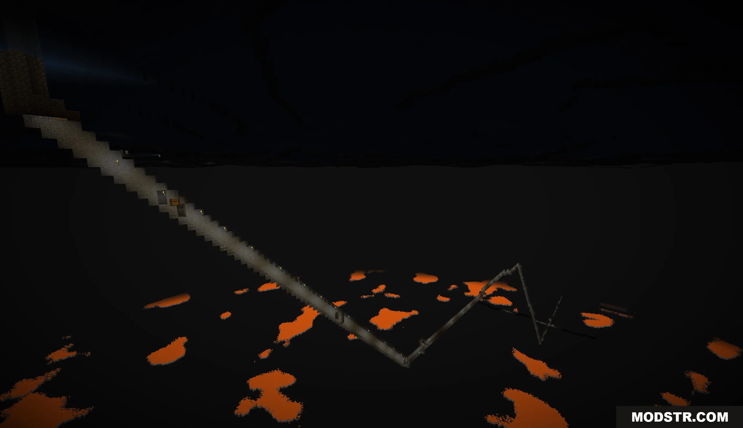 Voidbound Resolve Mod Screenshot 6 A long stone staircase descending into a dark void with scattered lava pools