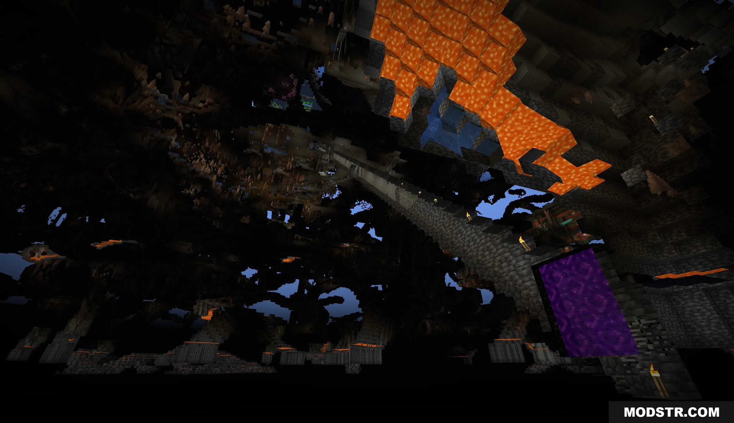 Voidbound Resolve Mod Screenshot 5 An expansive underground cavern featuring a Nether portal and a long stone bridge