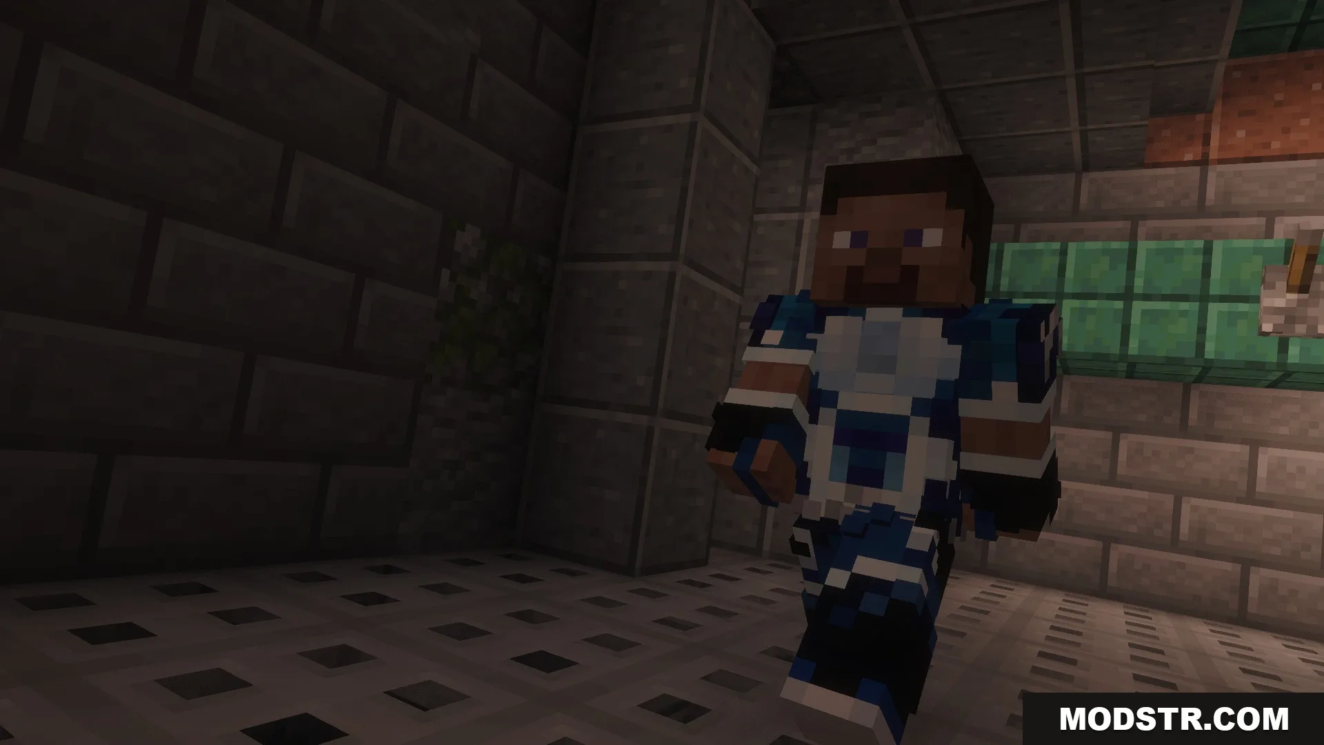 A Minecraft player wearing an A Train superhero suit walks through a corridor