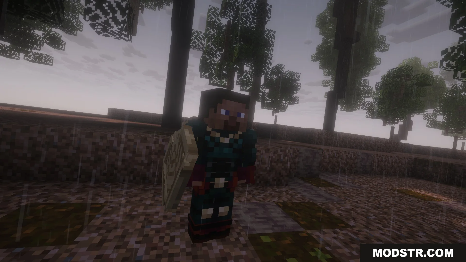 A Minecraft character in a superhero suit holding a shield in the rain
