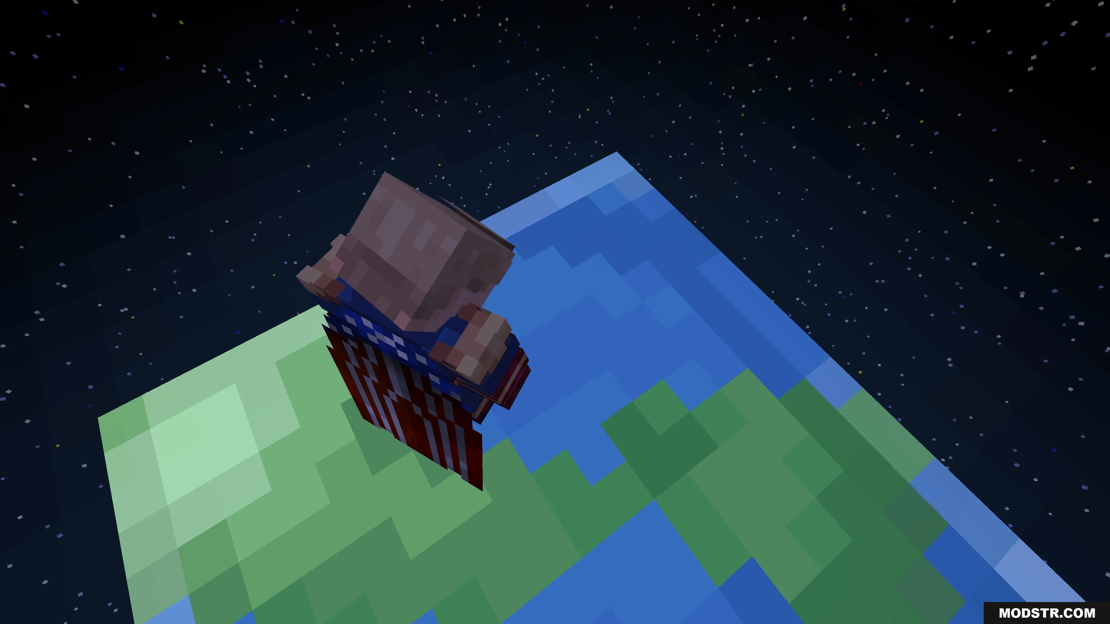 A Minecraft character wearing a superhero cape flies high above the Earth