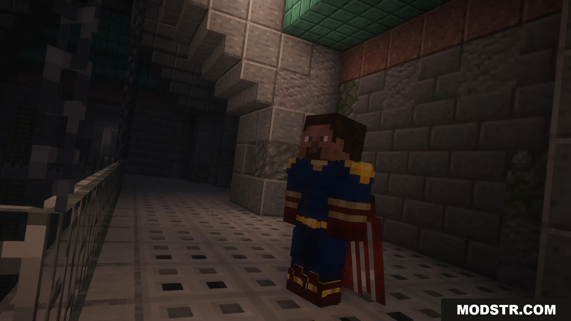 A Minecraft player wearing a Homelander superhero suit stands in a dark hallway