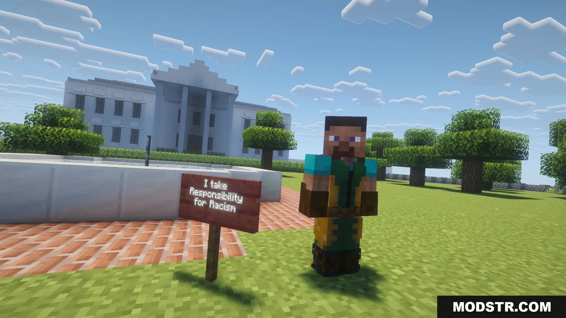 Minecraft character in superhero suit standing next to a sign near the White House