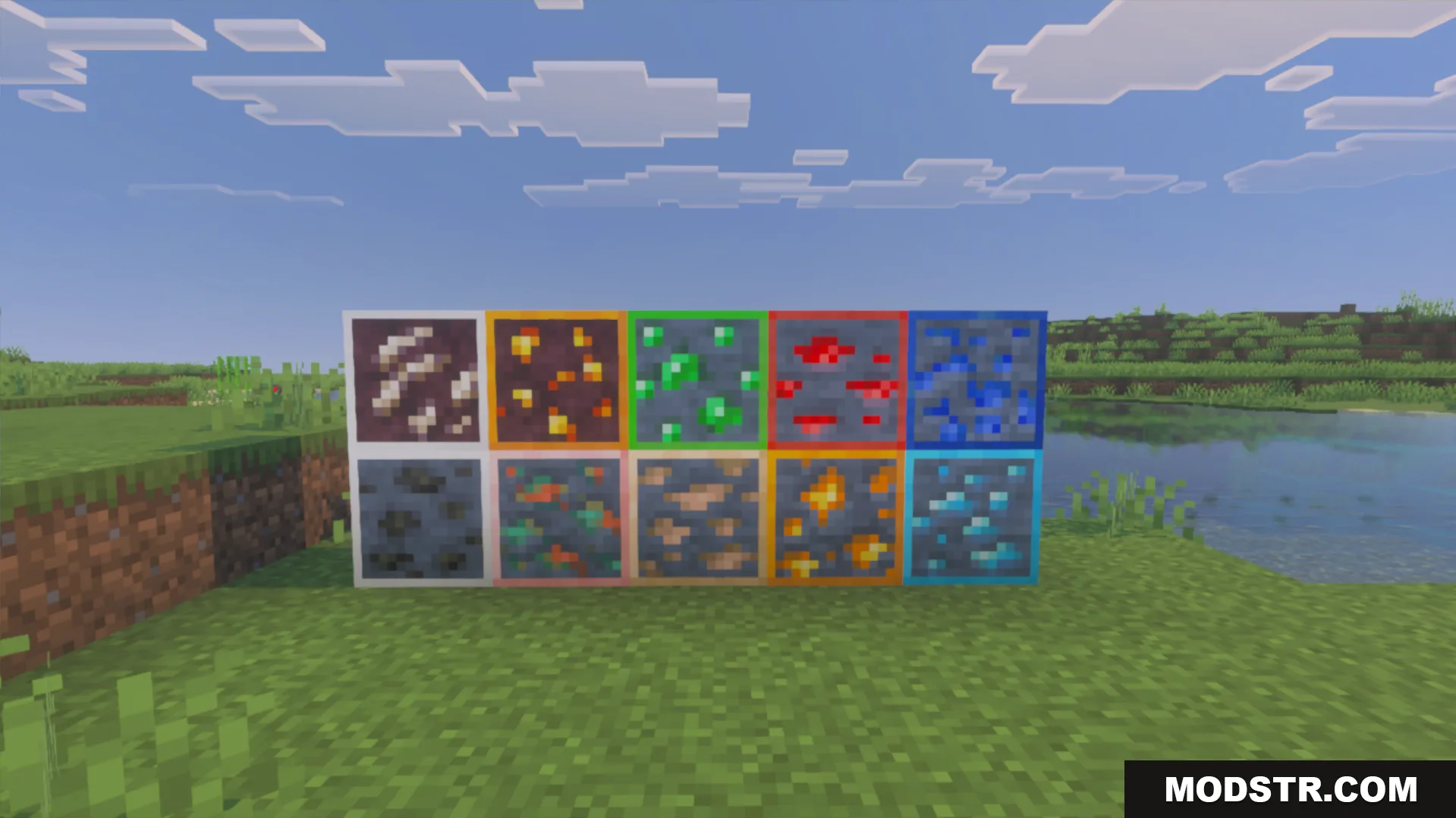 Voxen 2 Glowing Ores Texture Pack Screenshot 2 Various ore blocks displayed with clean outlines for improved visibility