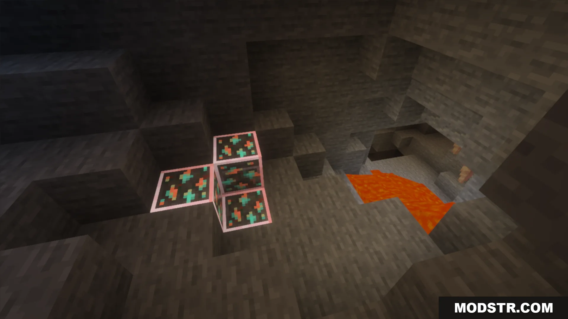 Voxen 2 Glowing Ores Texture Pack Screenshot 4 Glowing ores with outlines are easy to spot in dark caves