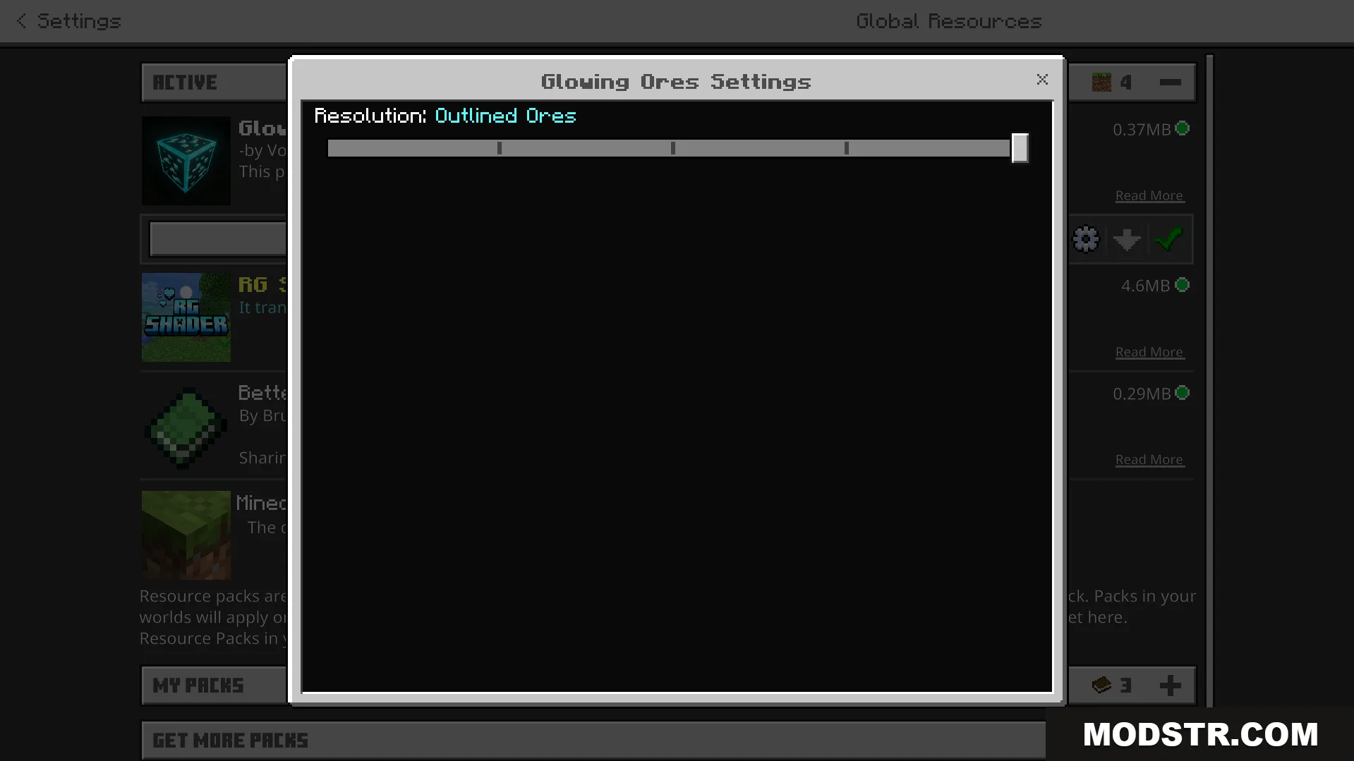 Voxen 2 Glowing Ores Texture Pack Screenshot 1 Adjusting the addon settings for the outlined ores resolution option