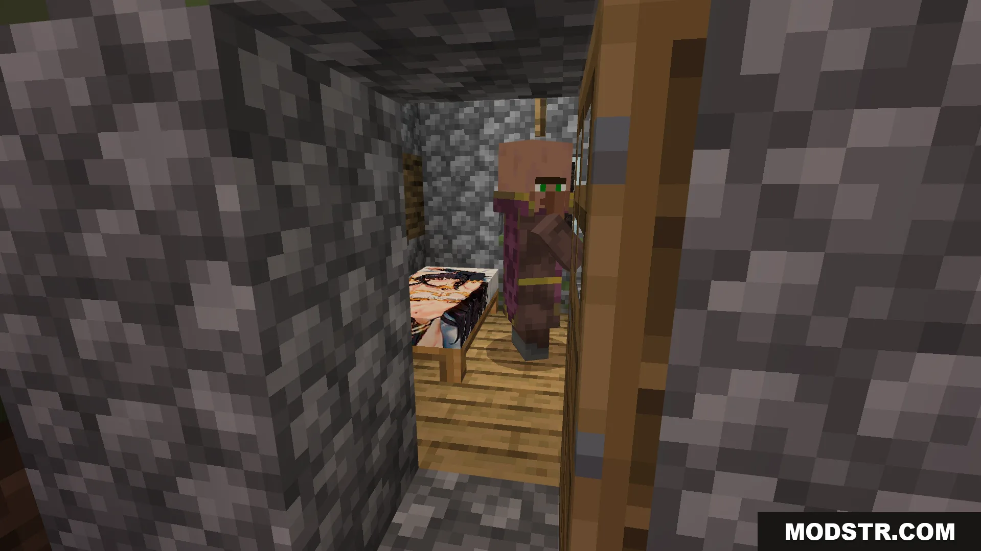 Waifu Anime Beds Texture Pack Screenshot 9 A villager standing in a cobblestone room next to a custom anime bed