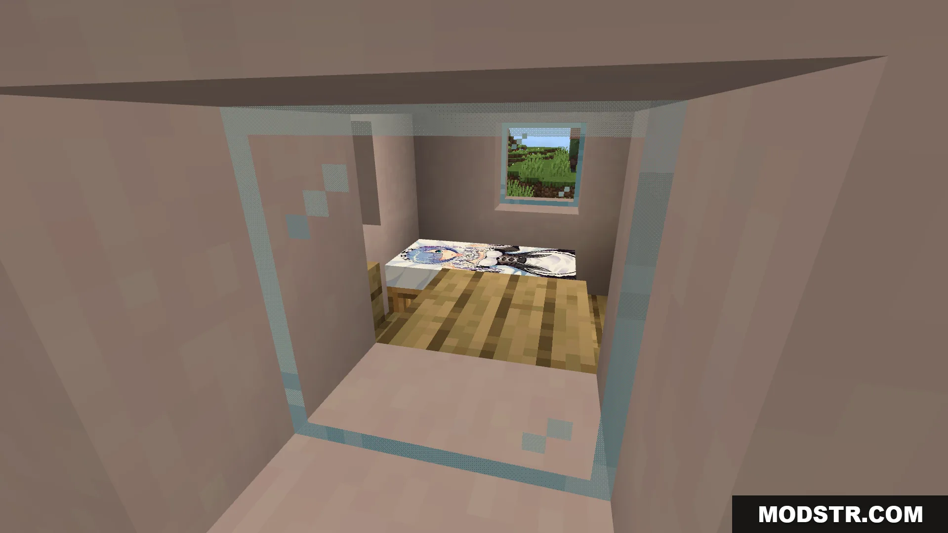 Waifu Anime Beds Texture Pack Screenshot 6 A single bed with anime character art placed inside a small room