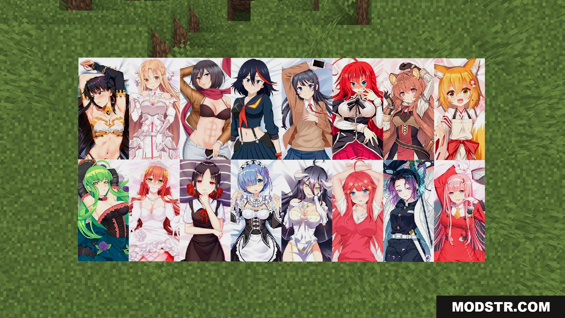 Waifu Anime Beds Texture Pack Screenshot 5 Waifu Anime Beds Texture Pack showcases sixteen unique character designs on grass