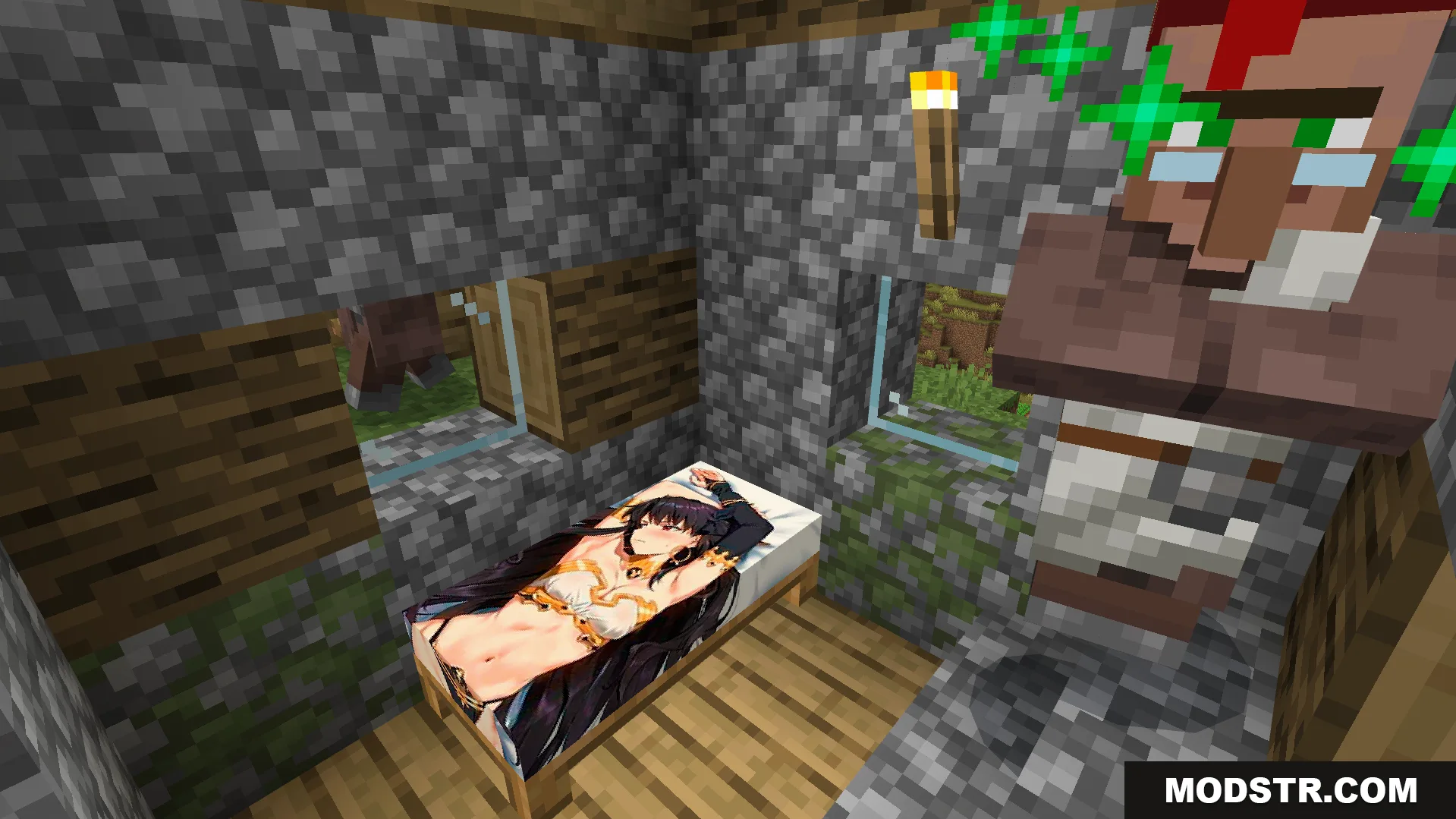 Waifu Anime Beds Texture Pack Screenshot 2 A villager standing next to a bed featuring custom anime character artwork