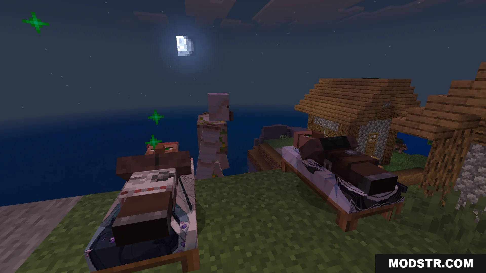 Waifu Anime Beds Texture Pack Screenshot 8 Villagers sleeping on custom anime beds at night with an iron golem
