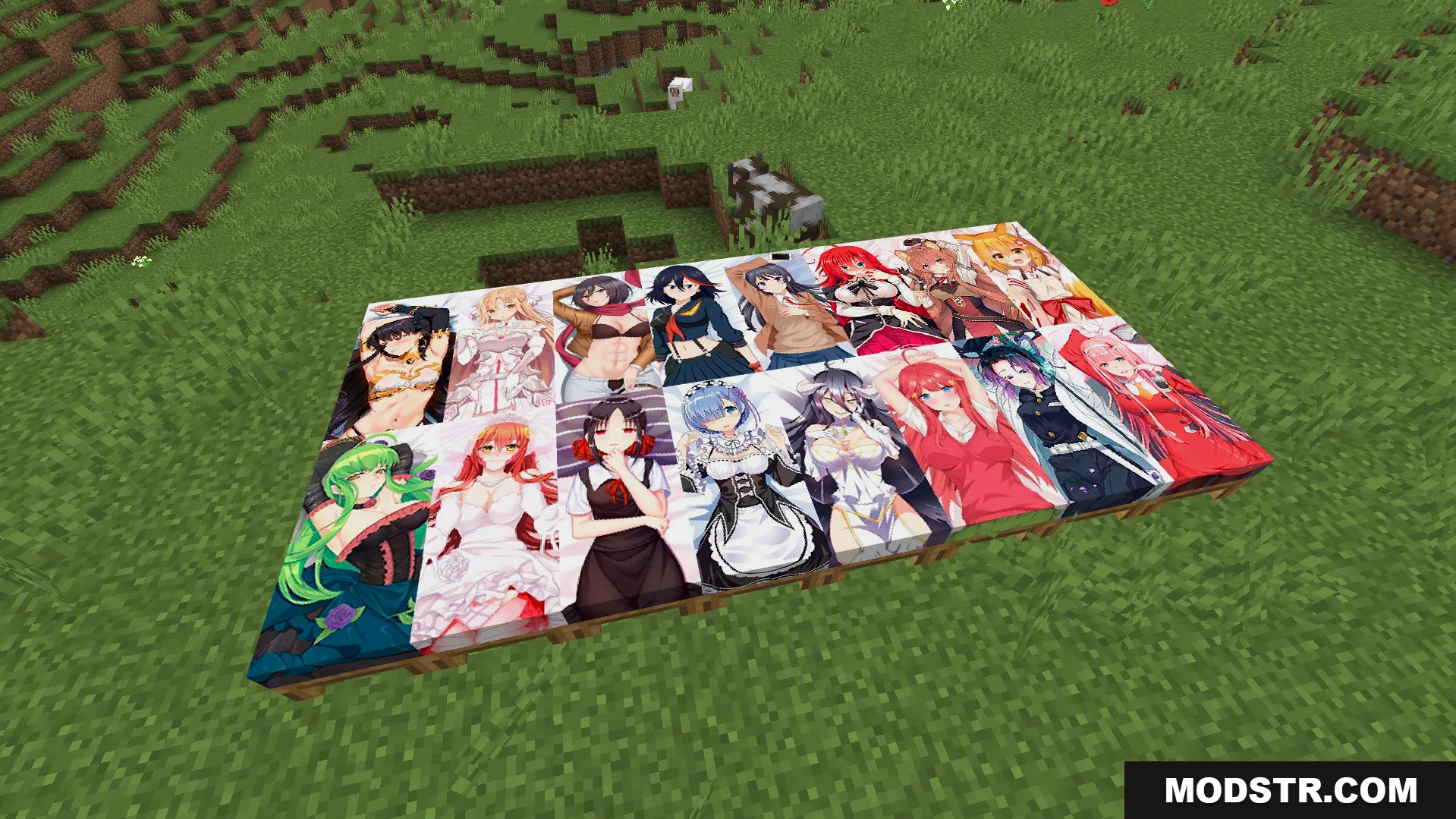 Waifu Anime Beds Texture Pack Screenshot 4 Waifu Anime Beds Texture Pack showcasing sixteen unique character designs on grass