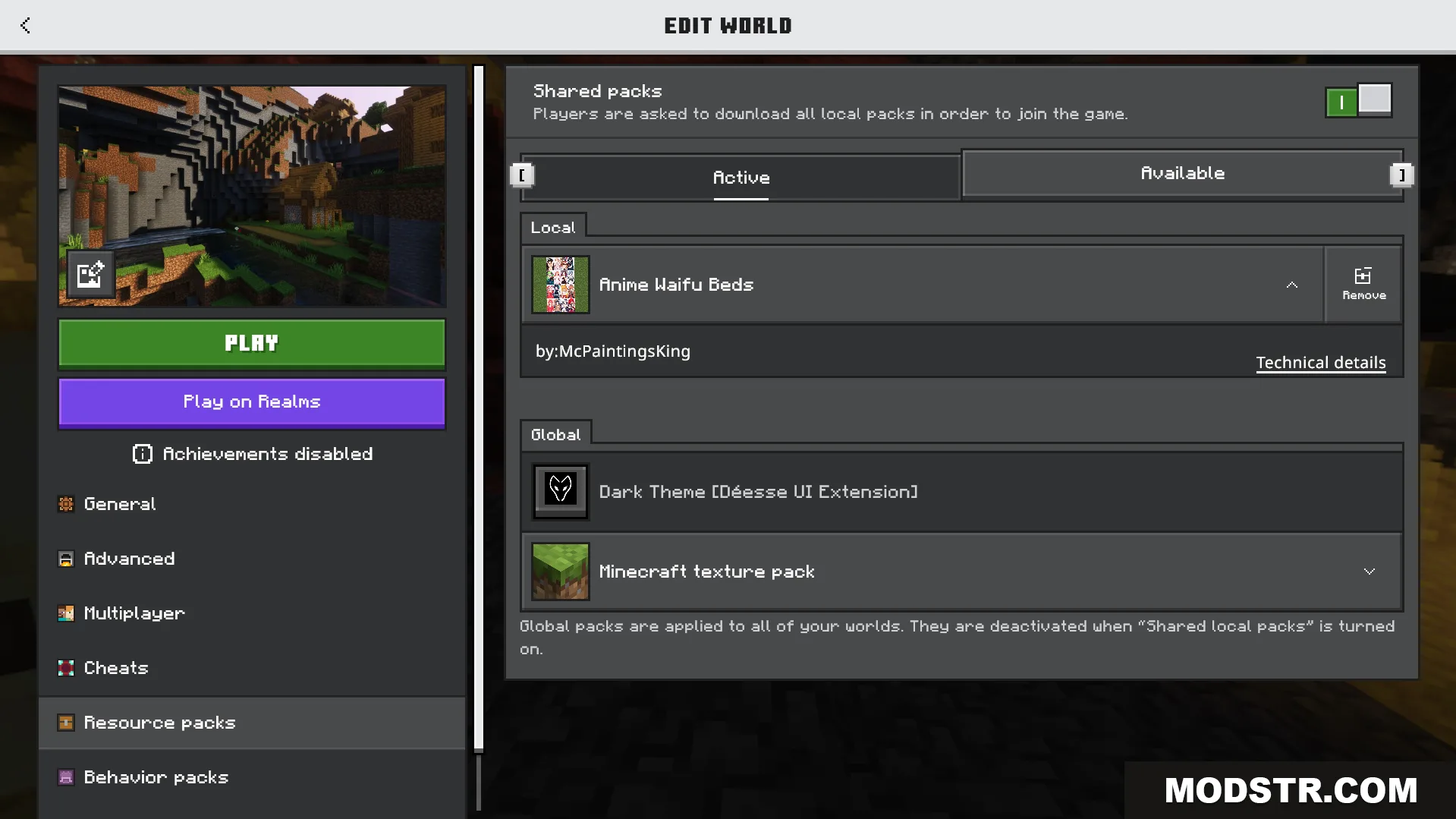 Waifu Anime Beds Texture Pack Screenshot 1 Minecraft edit world screen with the Anime Waifu Beds texture pack active