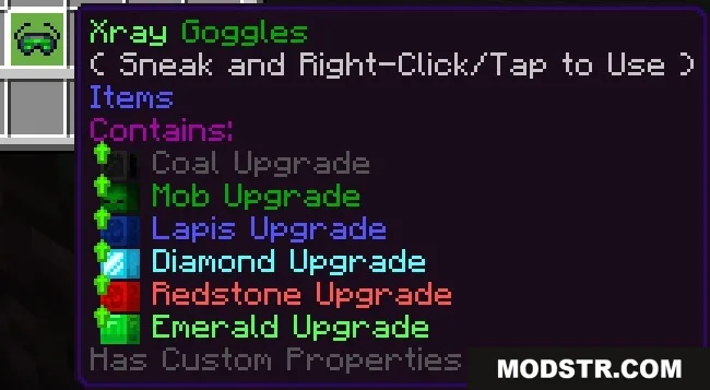 Tooltip for Xray Goggles item showing various resource and mob detection upgrades