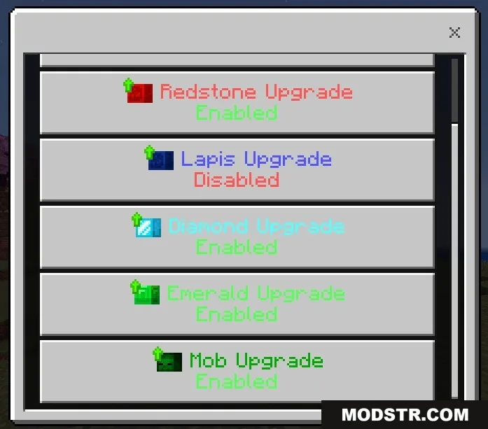 Configuration menu used to toggle different resource and mob detection upgrades