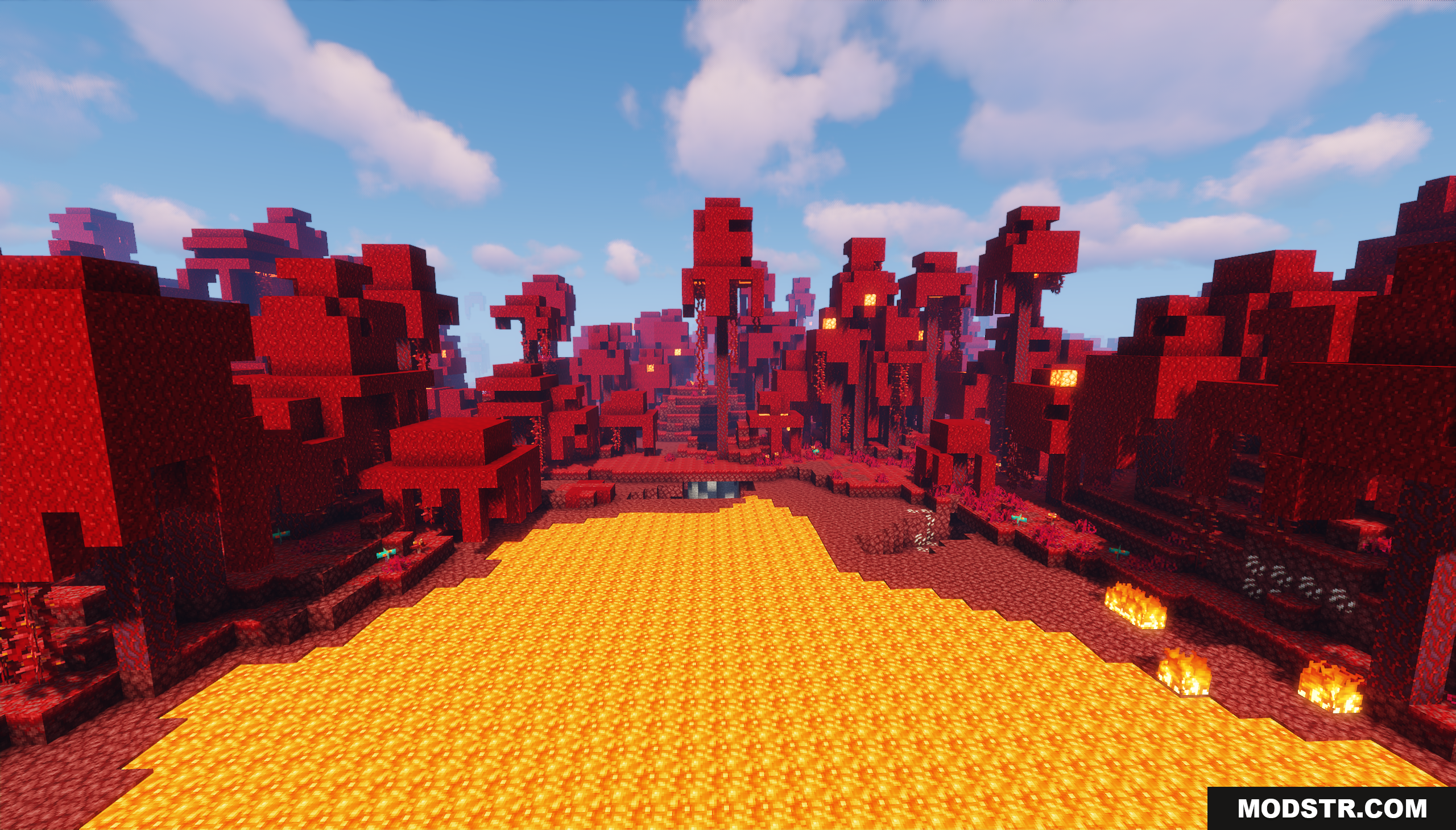 Warped Crimson Island Map Screenshot 4 A wide river of lava flows through the crimson forest