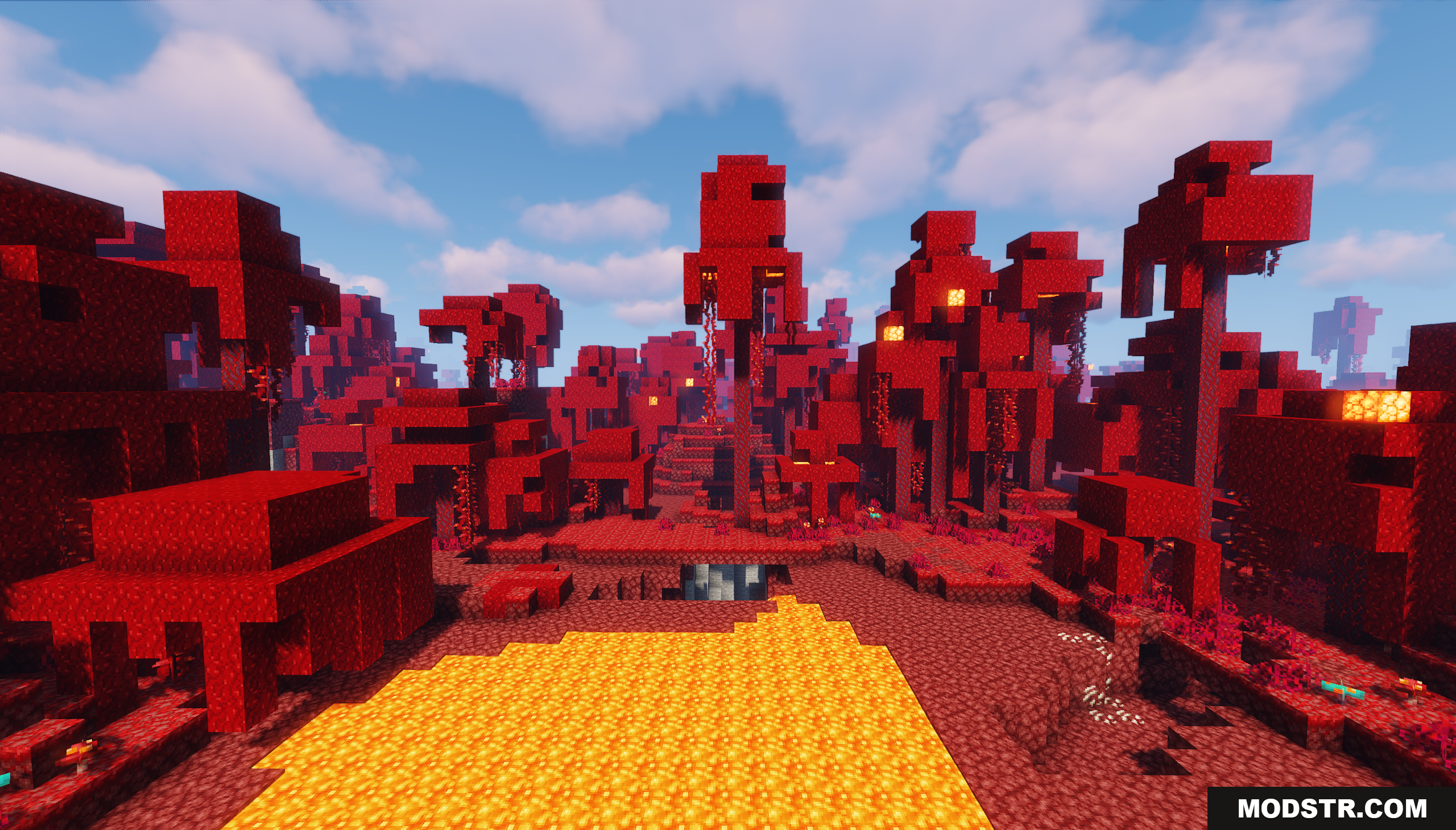 Warped Crimson Island Map Screenshot 9 A vibrant red crimson forest with a pool of lava