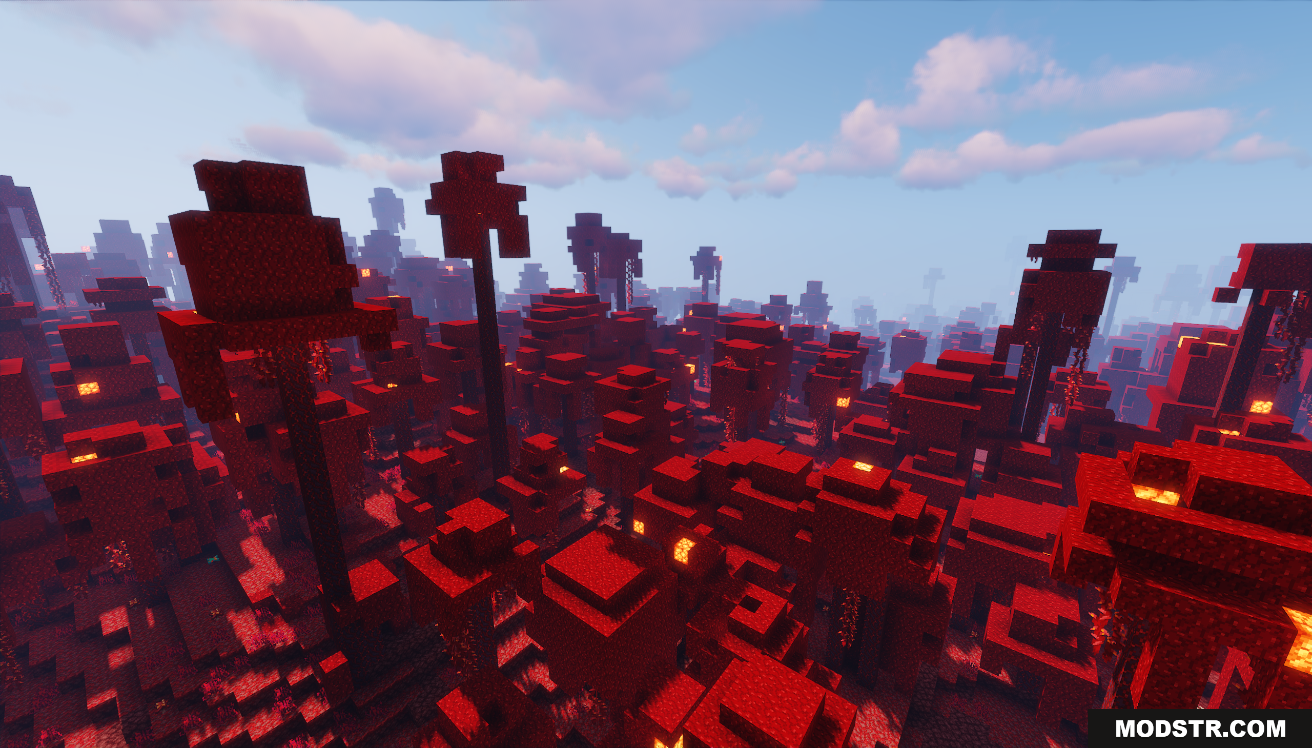 Warped Crimson Island Map Screenshot 10 An aerial view over the dense red crimson forest canopy