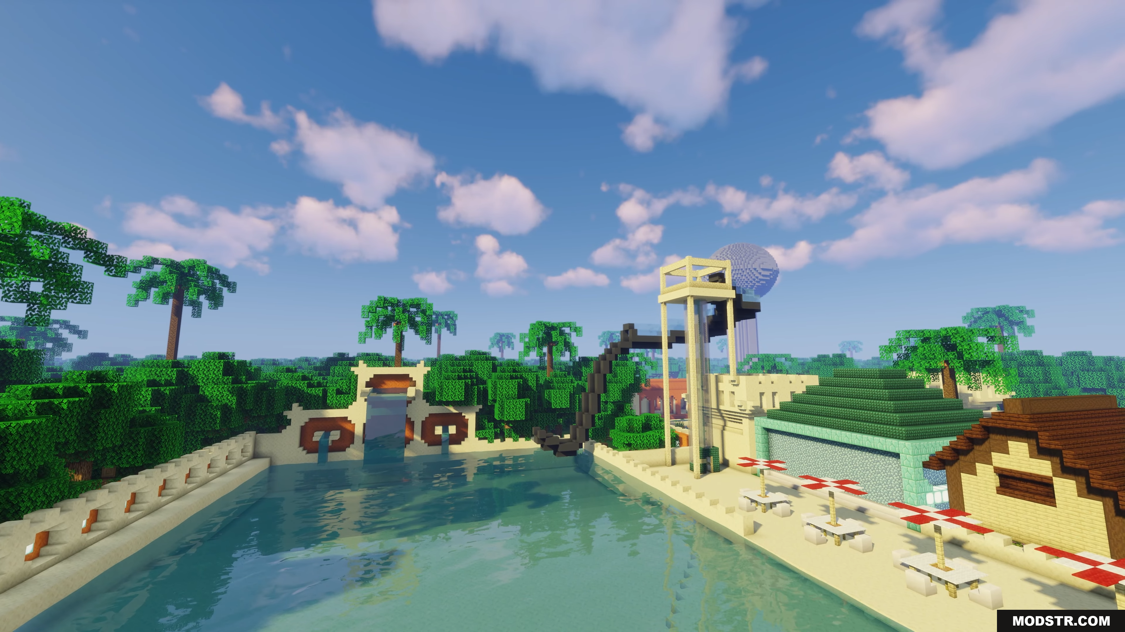 Water Park Hunt Map Screenshot 3 A relaxing pool area with palm trees and park buildings