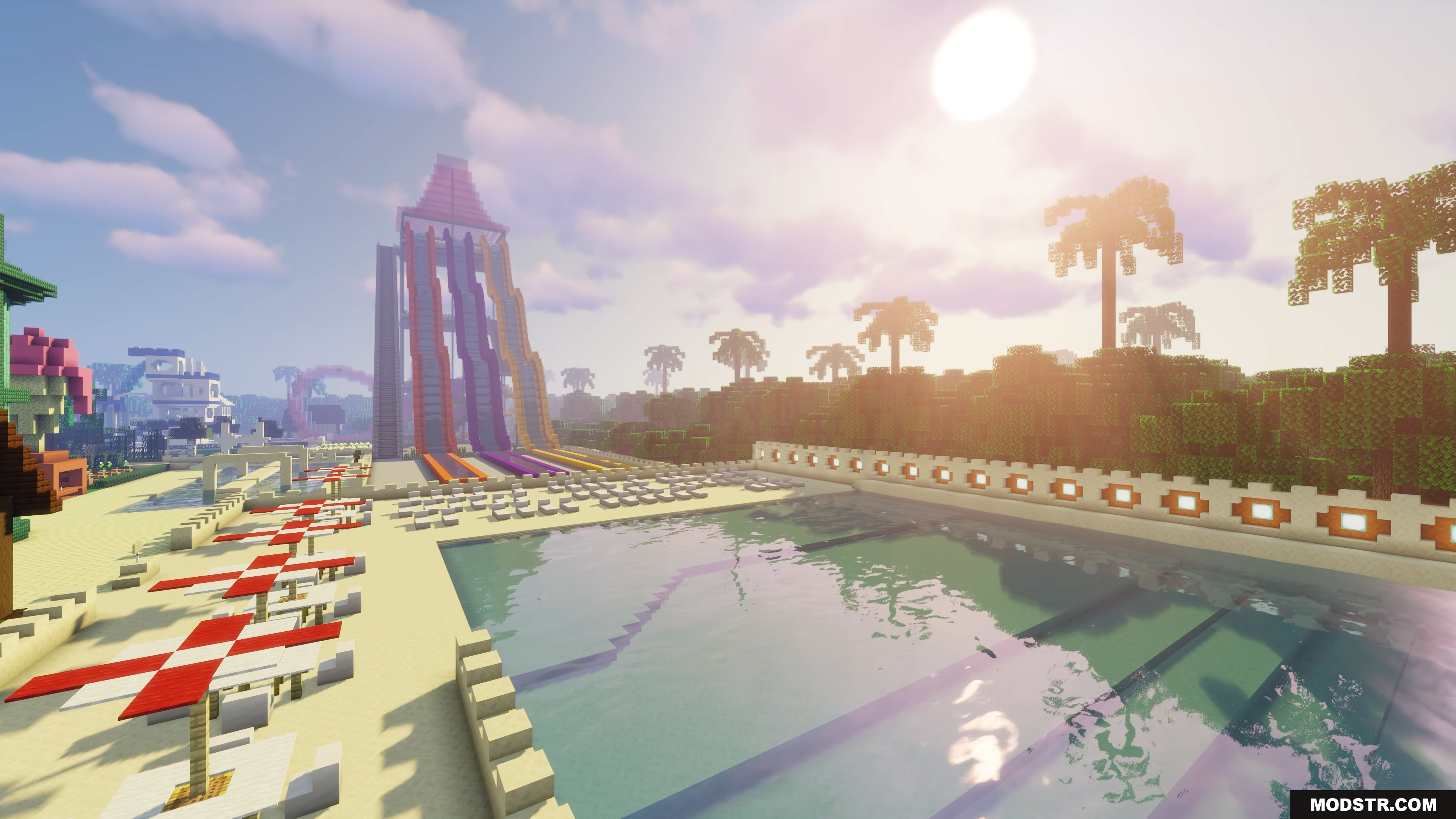 Water Park Hunt Map Screenshot 2 A large swimming pool next to a towering water slide