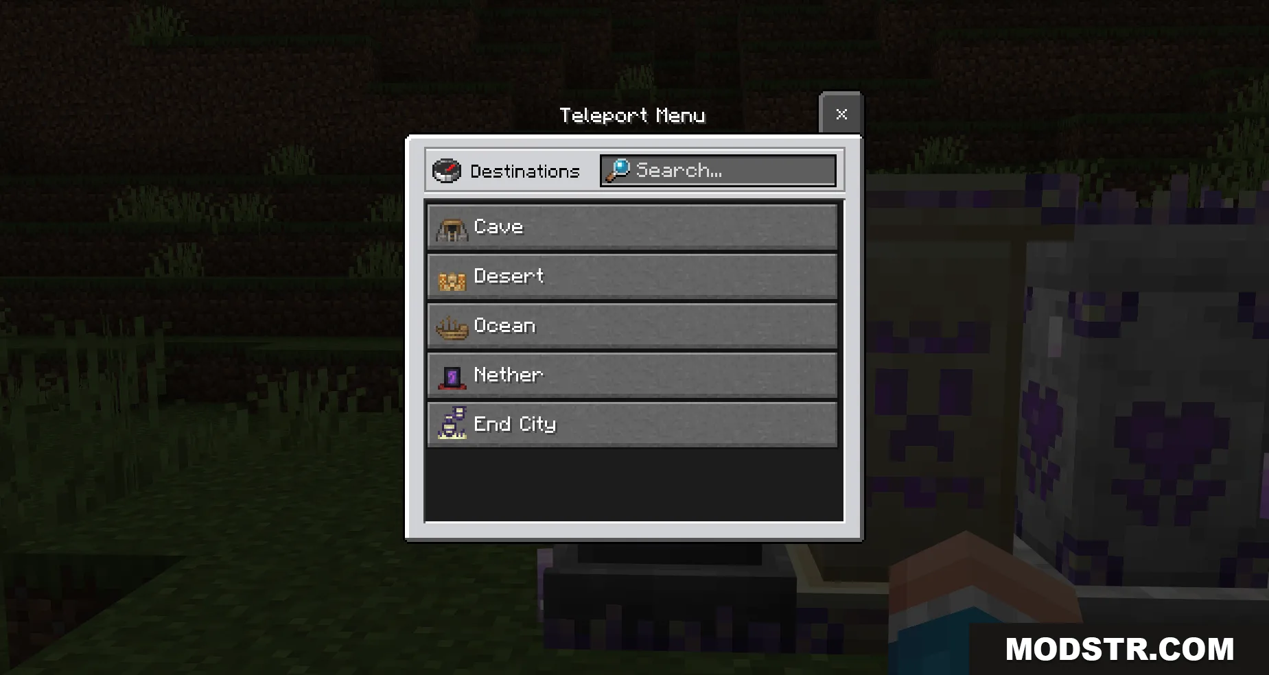 Player viewing a teleport menu listing destinations like cave desert and ocean