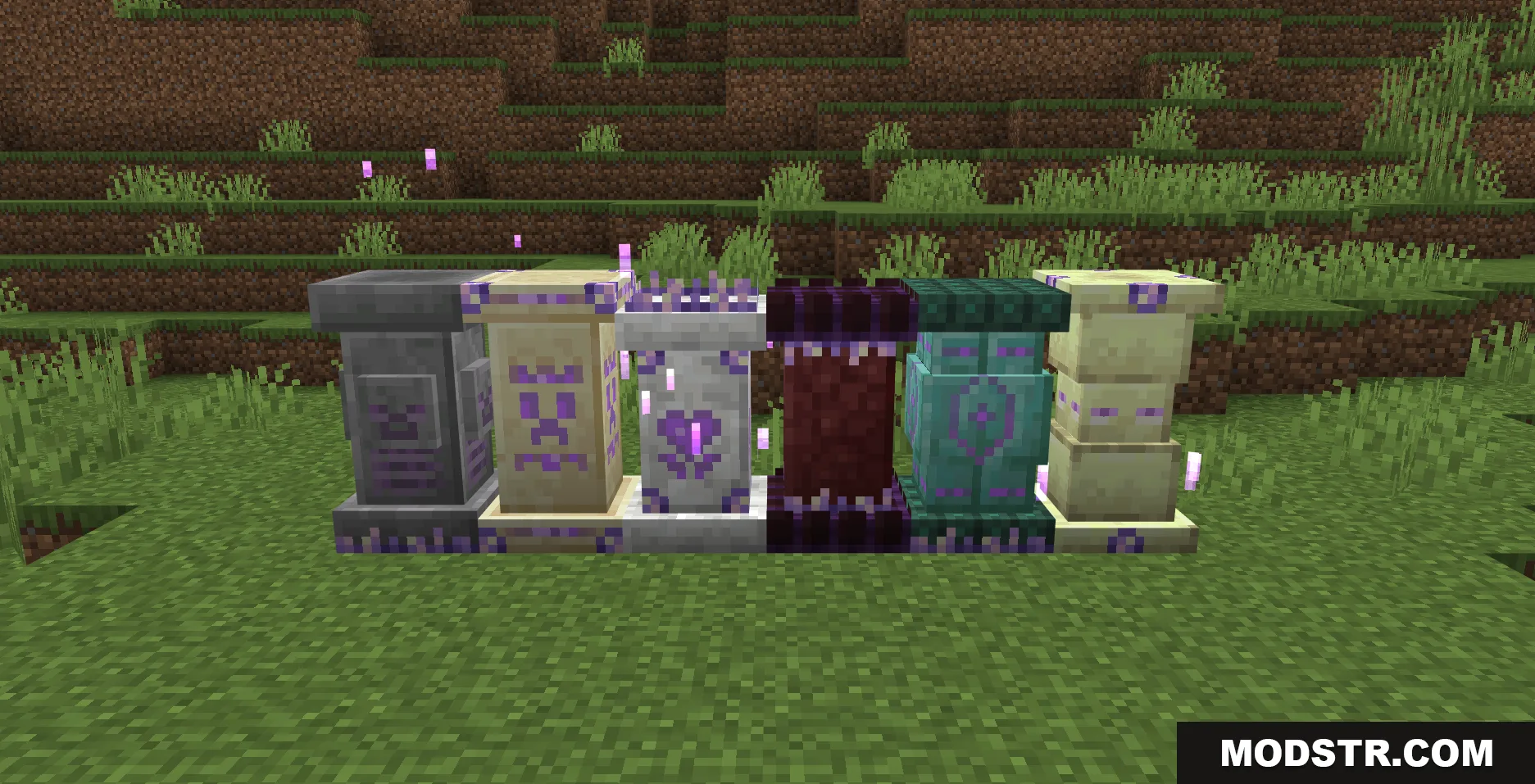 Six different types of waystone blocks placed in a row on the grass