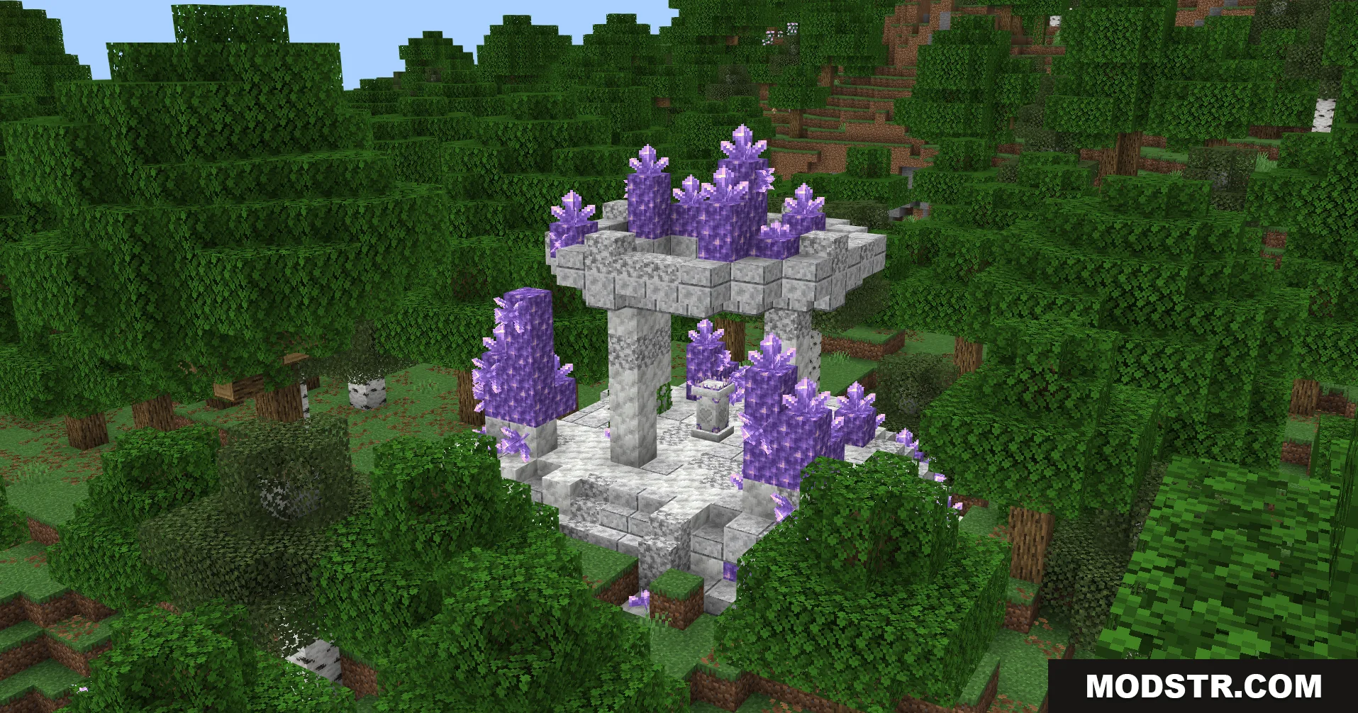 Amethyst crystal waystone structure built with white stone blocks in a lush forest