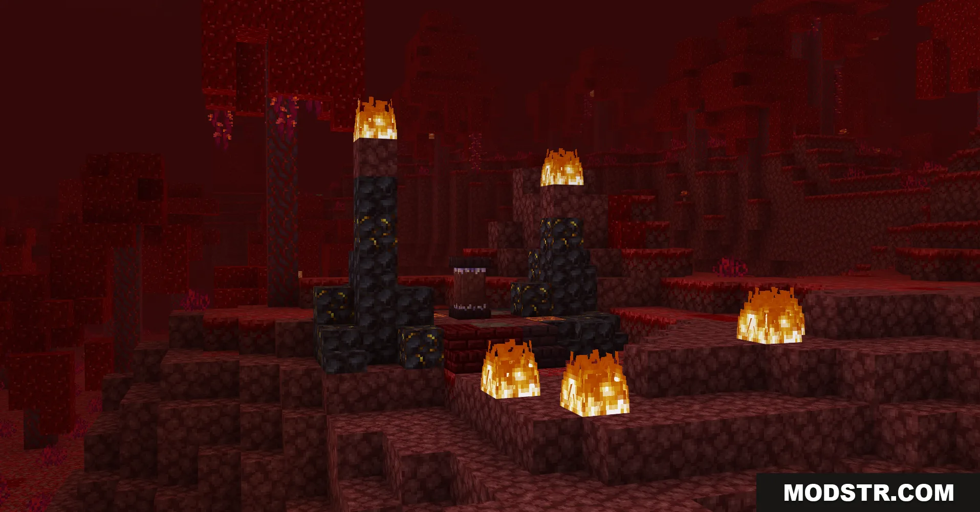 Dark blackstone waystone pedestal surrounded by fire in a red Nether crimson forest