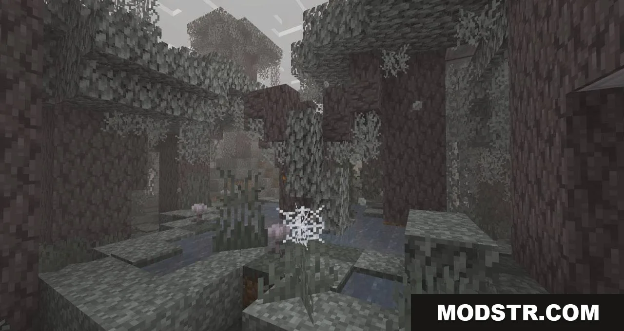 Whispering Thicket Details Mod Screenshot 5 A misty Pale Garden forest featuring small decorative structures and hanging cobwebs