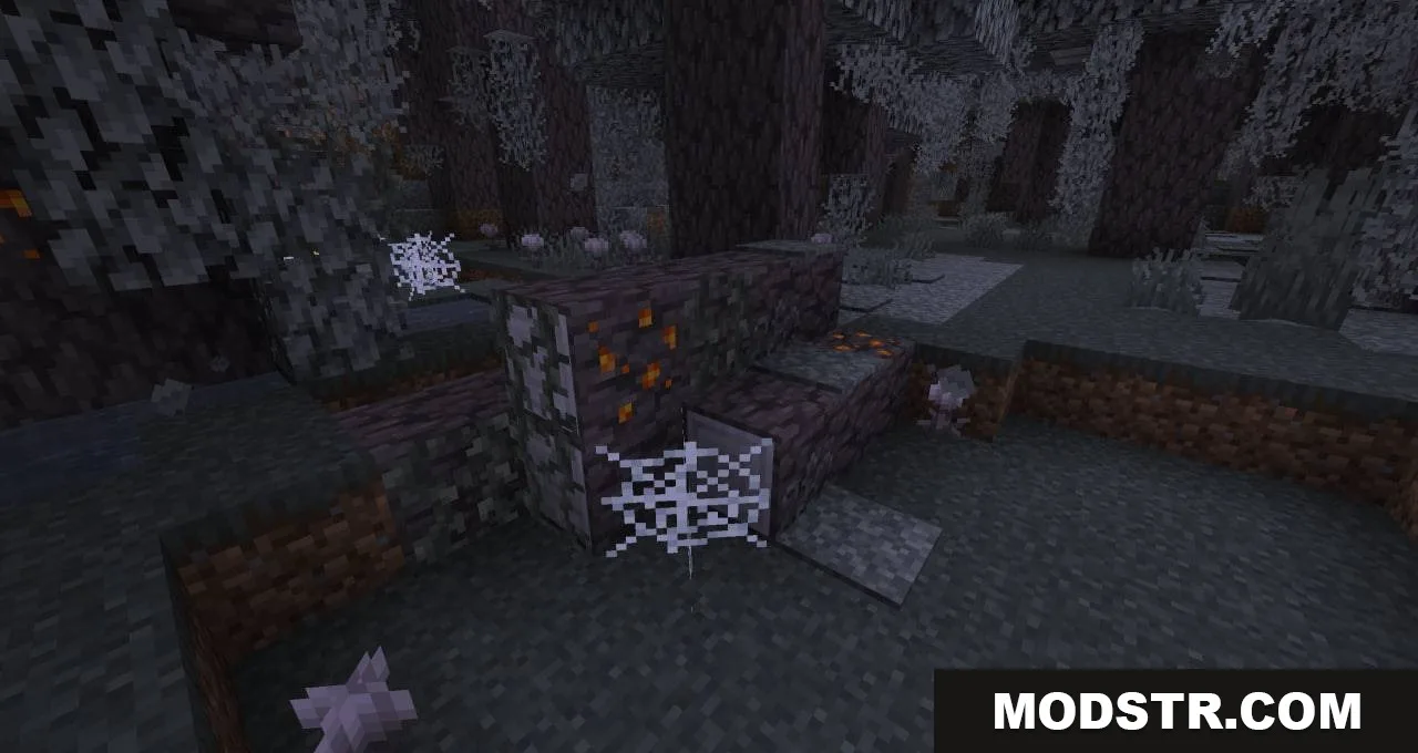 Whispering Thicket Details Mod Screenshot 3 Small log structure with glowing resin ore and cobwebs in the Pale Garden